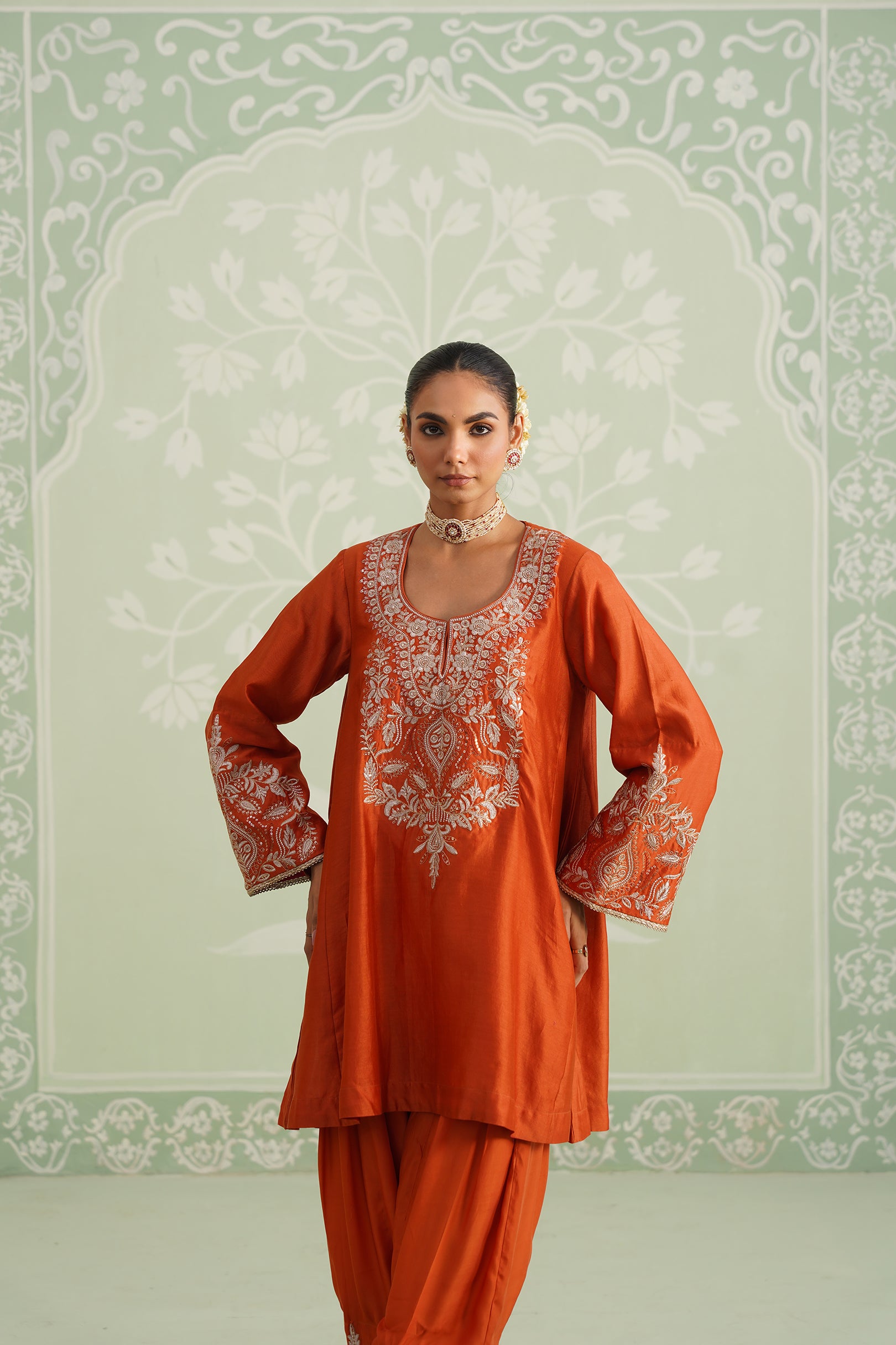 Makshi Chanderi Satin Embroidered Matching Set