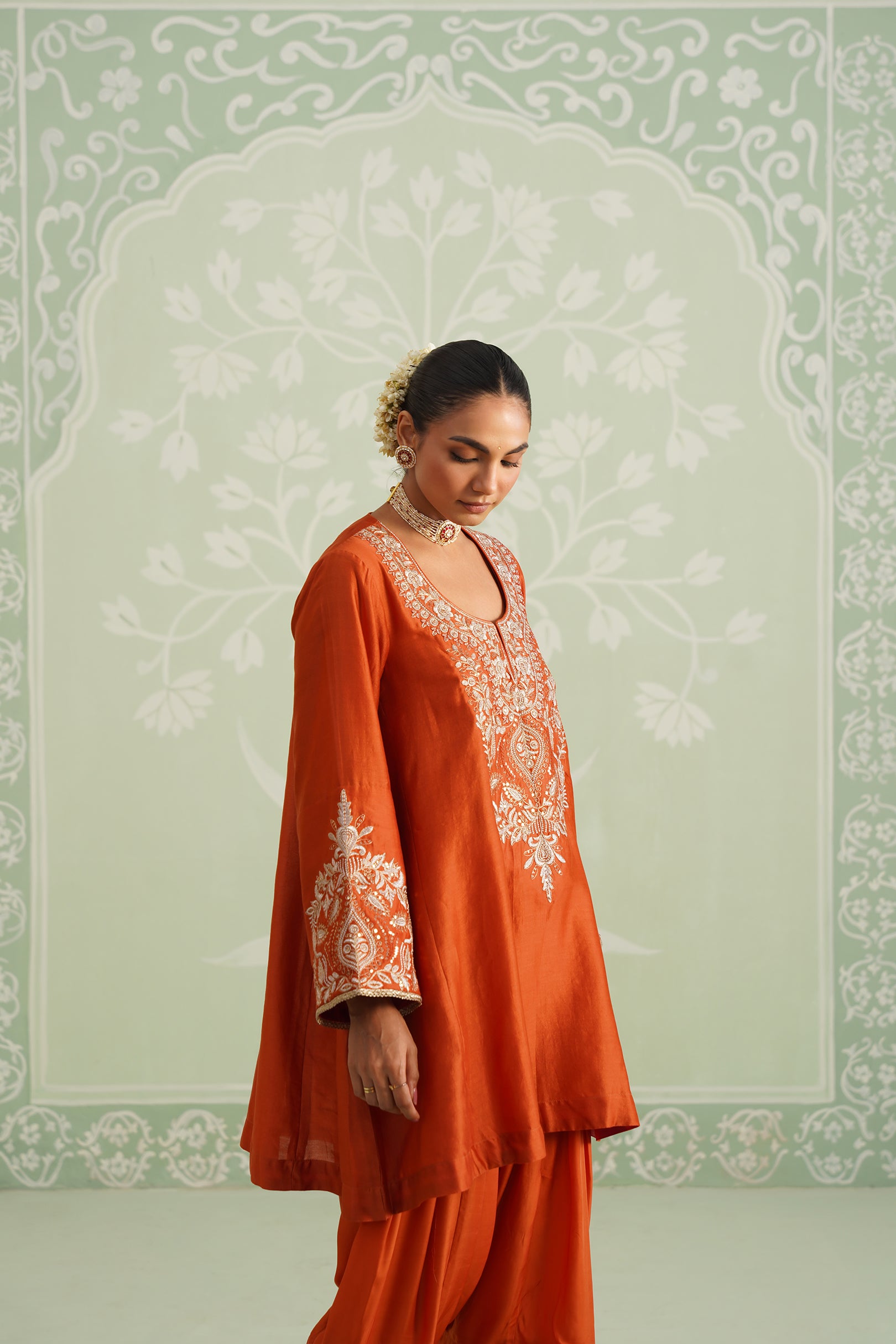 Makshi Chanderi Satin Embroidered Matching Set