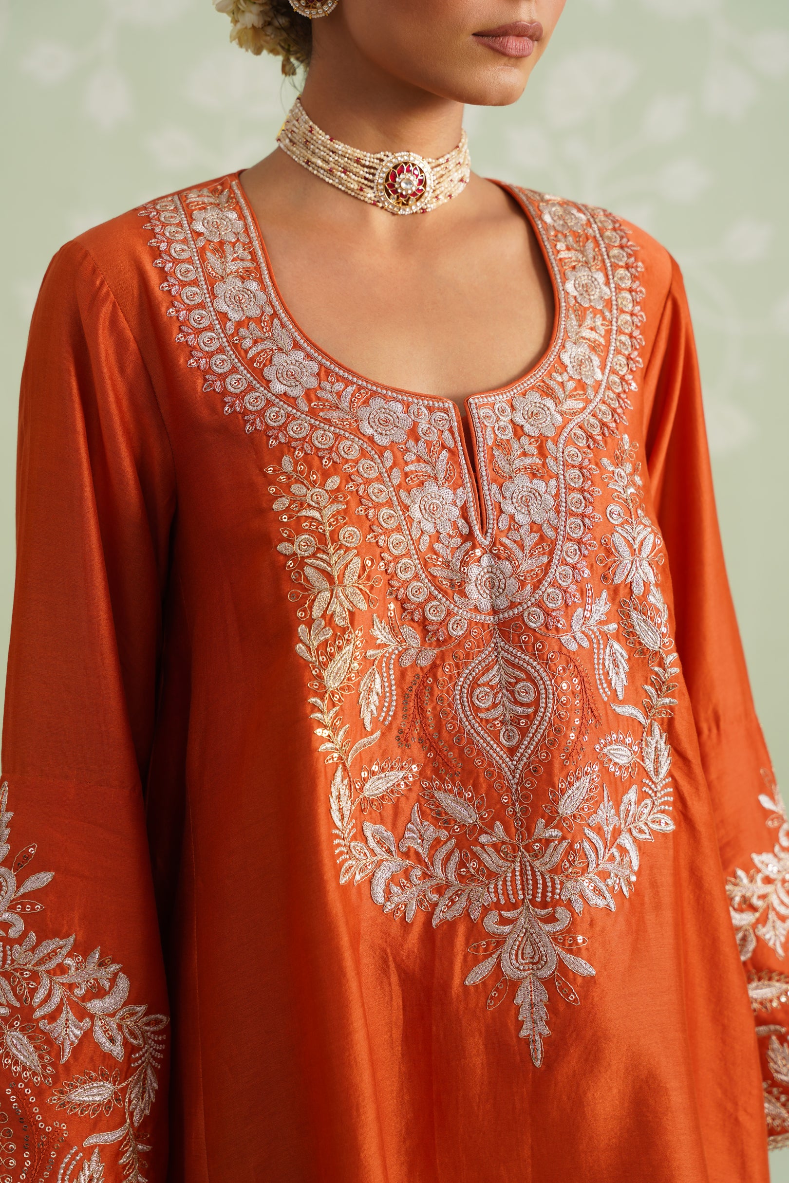 Makshi Chanderi Satin Embroidered Matching Set