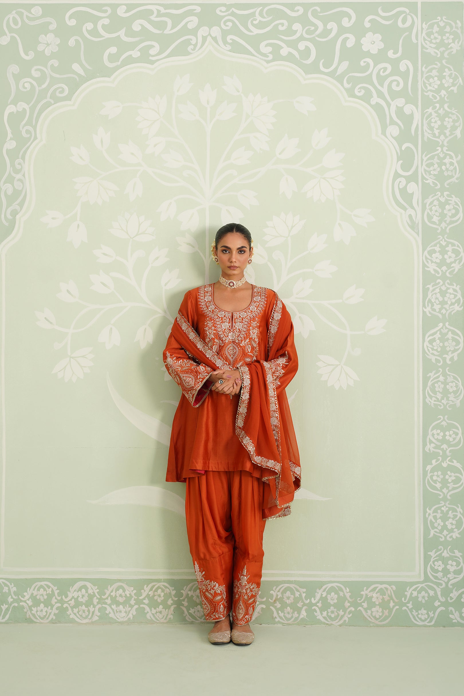 Makshi Chanderi Satin Embroidered Matching Set