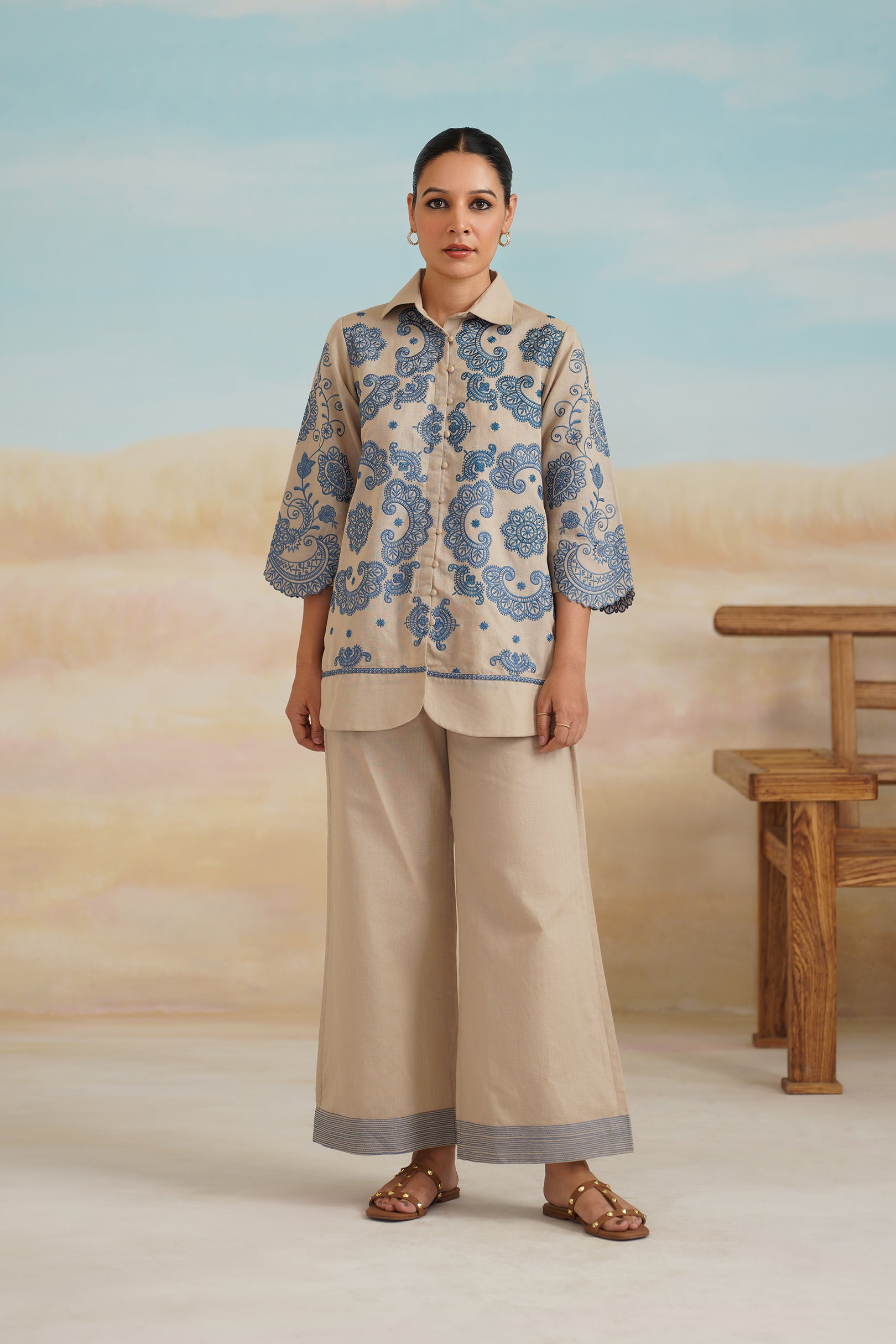 Zermin Cotton Linen Embroidered Matching Set