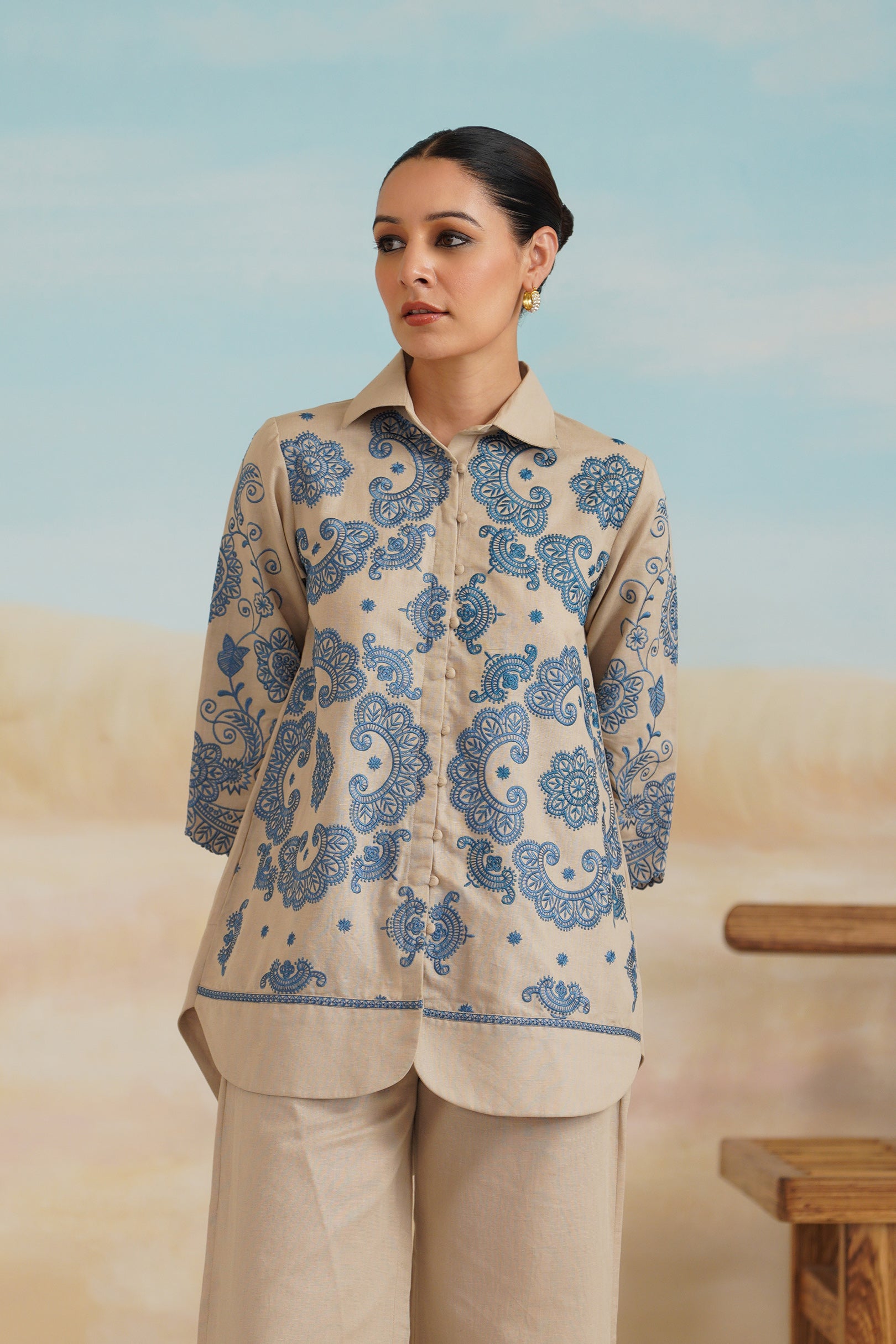 Zermin Cotton Linen Embroidered Top - Neetika Chopra