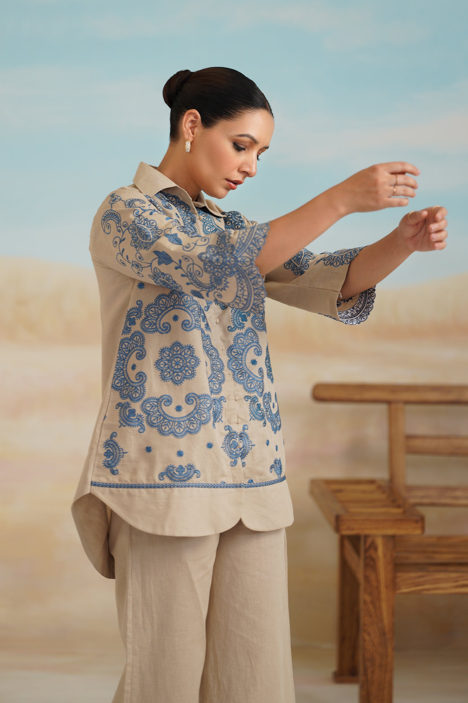 Zermin Cotton Linen Embroidered Matching Set