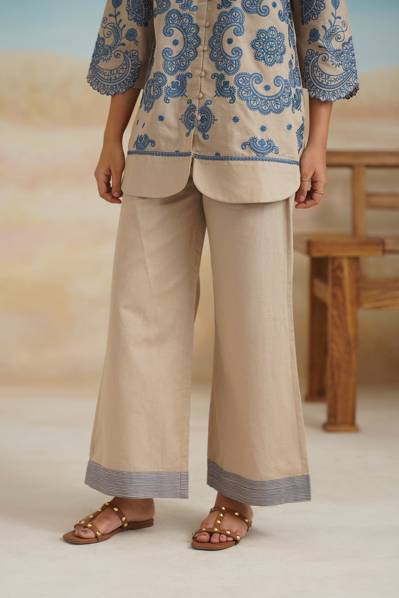 Zermin Cotton Linen Embroidered Matching Set