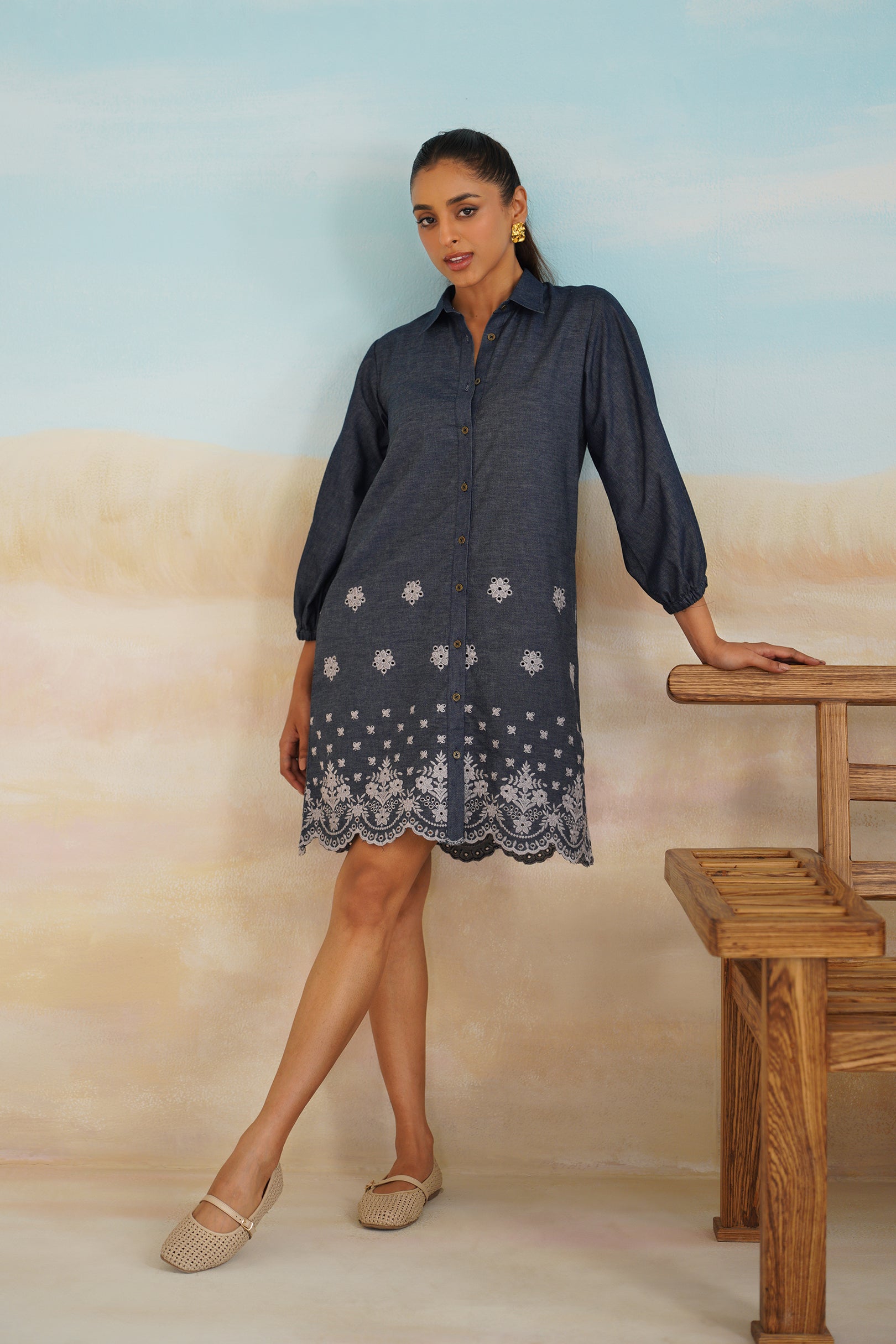 Flora Denim Embroidered Dress