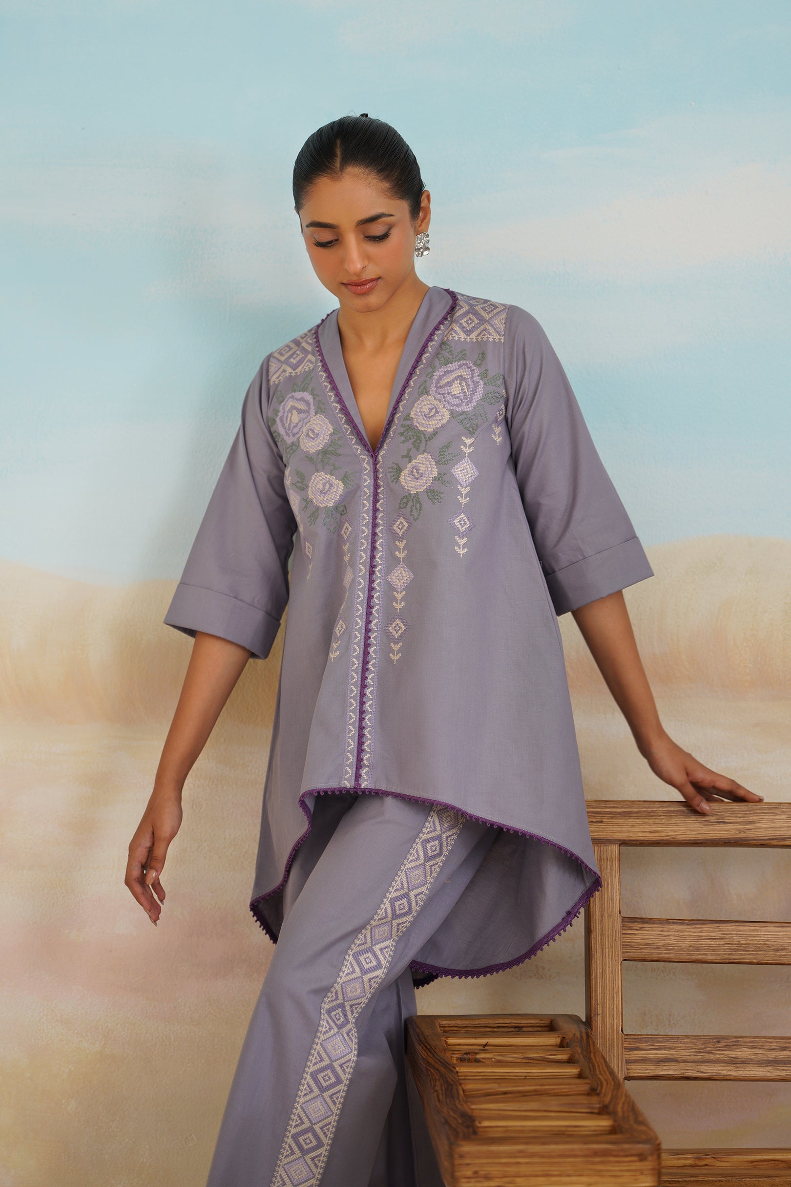 Loveen Cotton Linen Embroidered Matching Set - Neetika Chopra