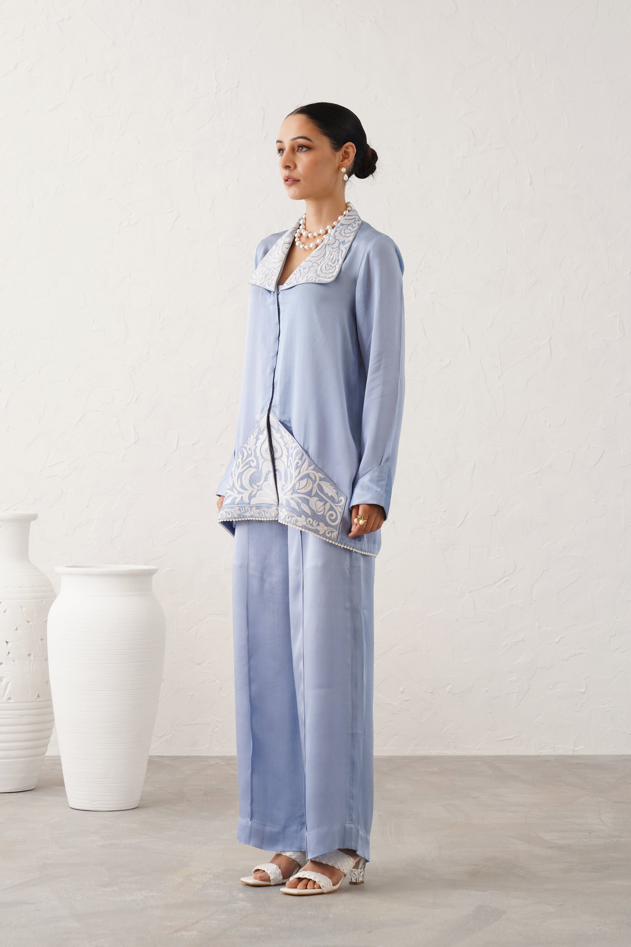 Ice Blue Satin Embroidered Matching Set