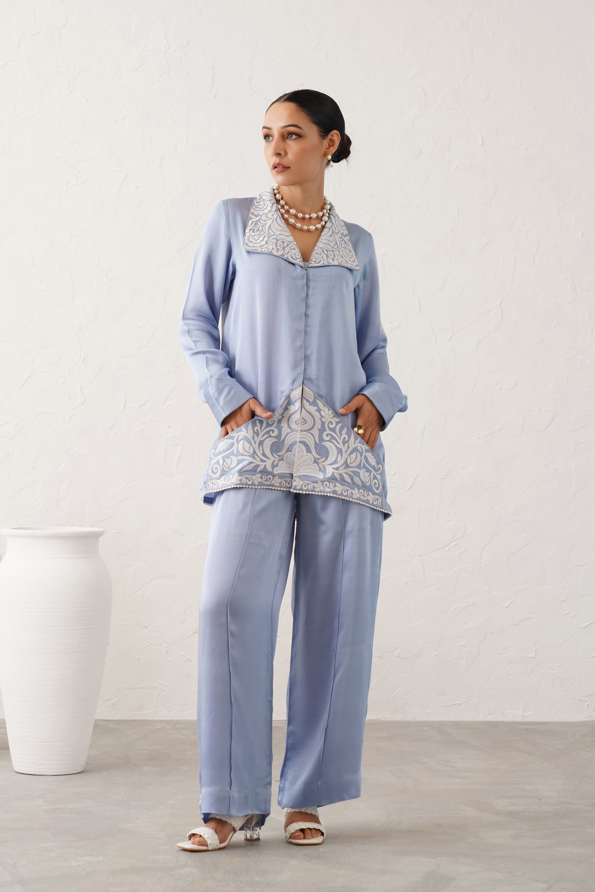 Ice Blue Satin Embroidered Matching Set