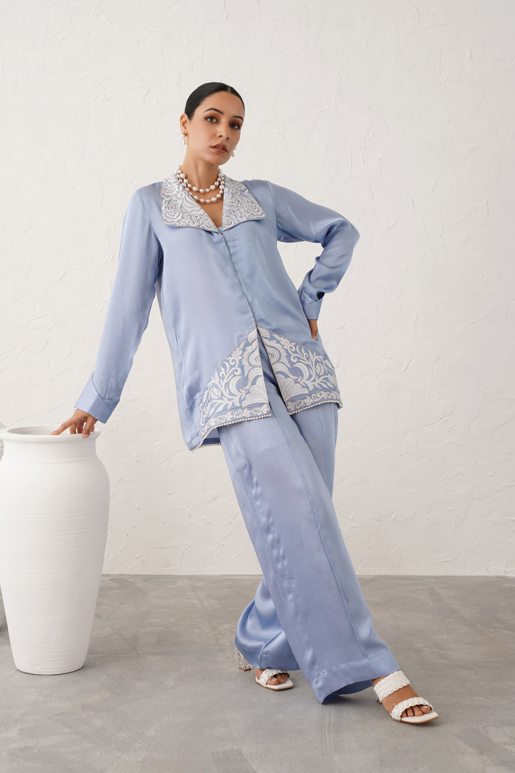 Ice Blue Satin Embroidered Matching Set