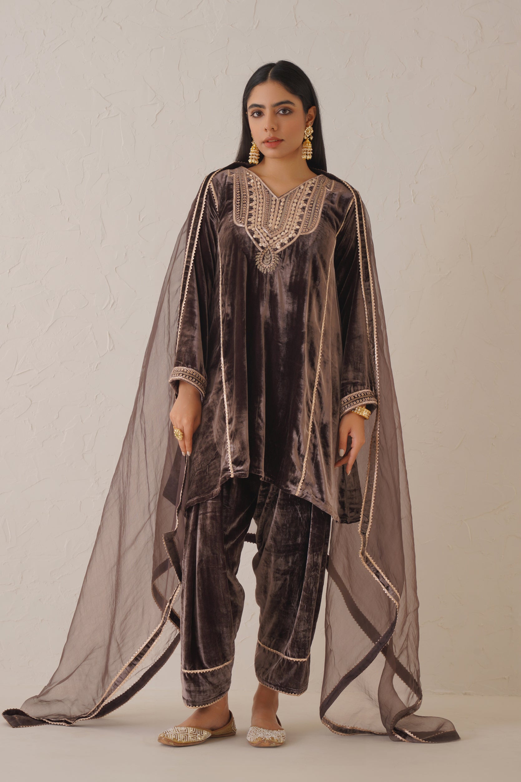 Brownish Mauve Pure Velvet Hand Embroidered Suit Set