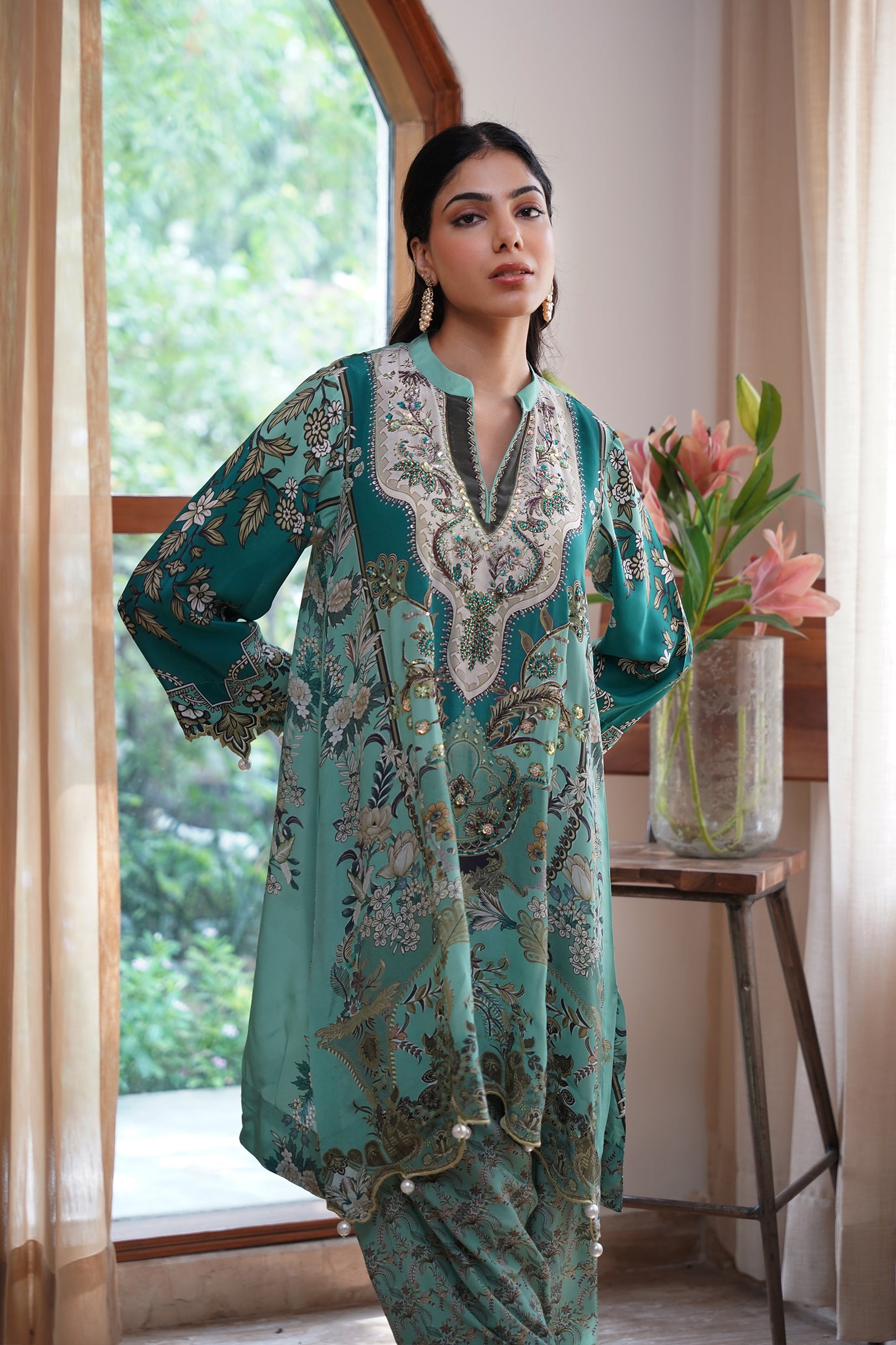 Gulbahaar Hand Embroidered Crepe Printed Matching Set - Neetika Chopra