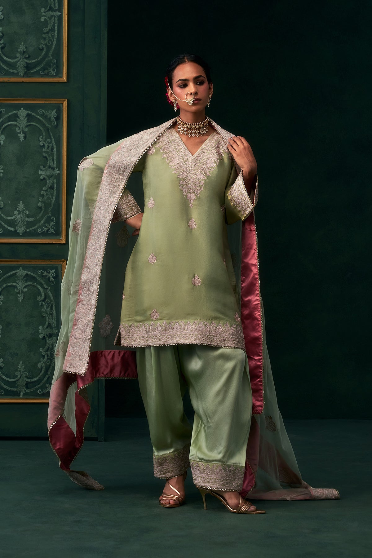 Saira Tissue Satin Embroidered Suit Set