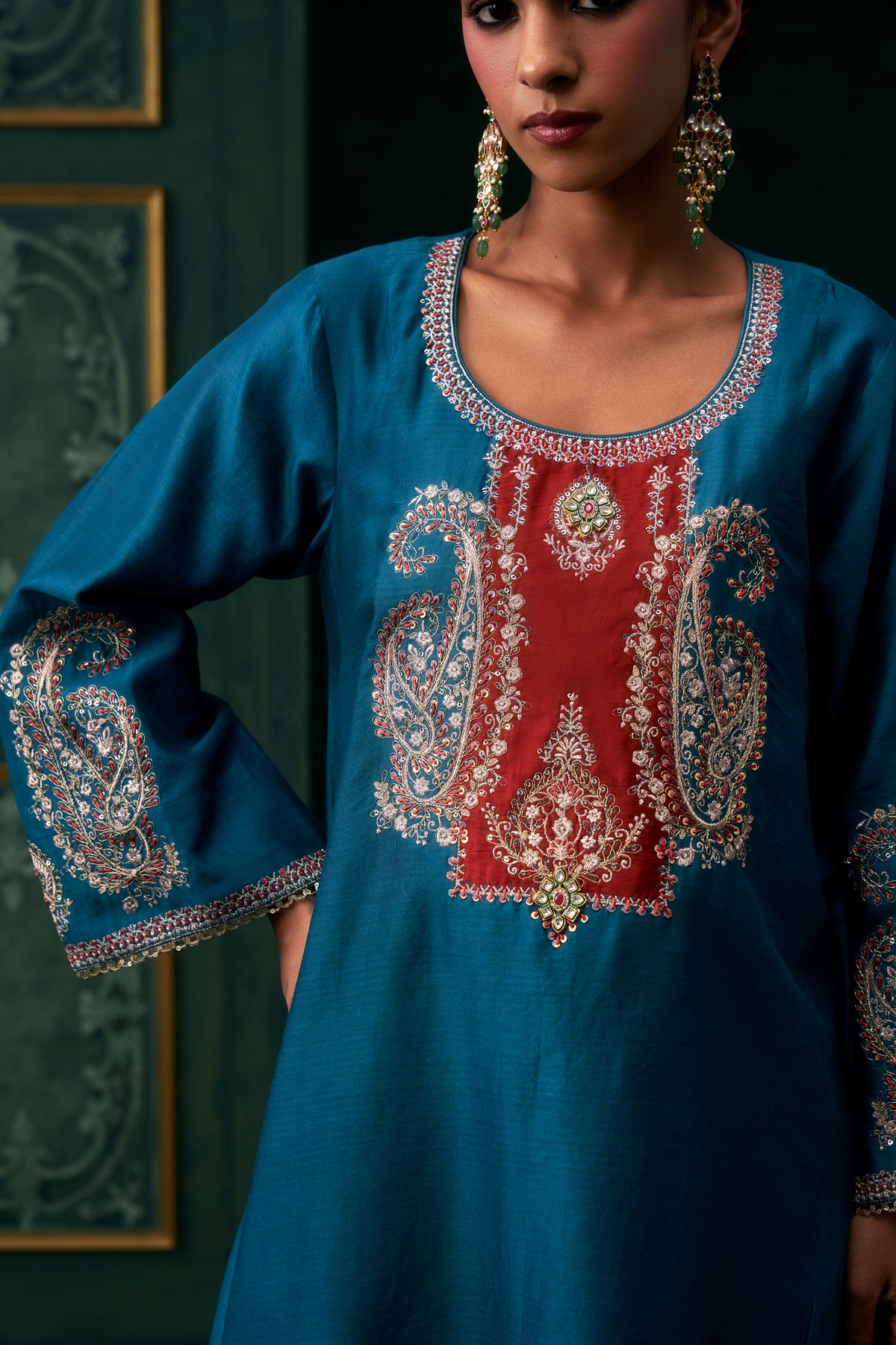 Amani Chanderi Satin Embroidered Suit Set