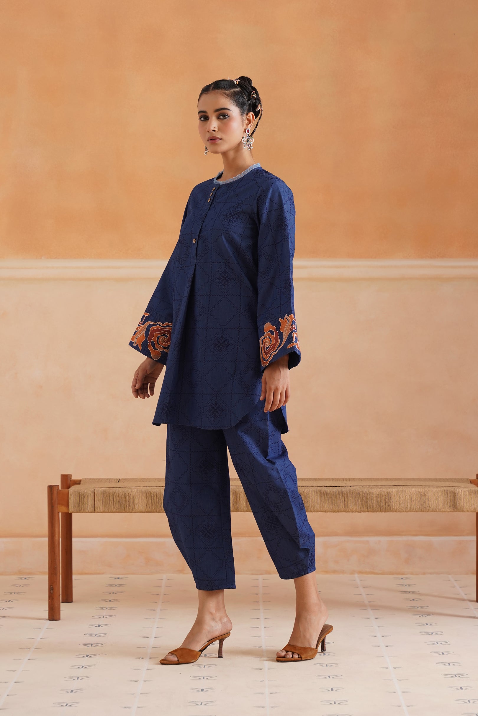 Sarah Cotton Denim Embroidered Matching Set With Barrel Pants - Neetika Chopra