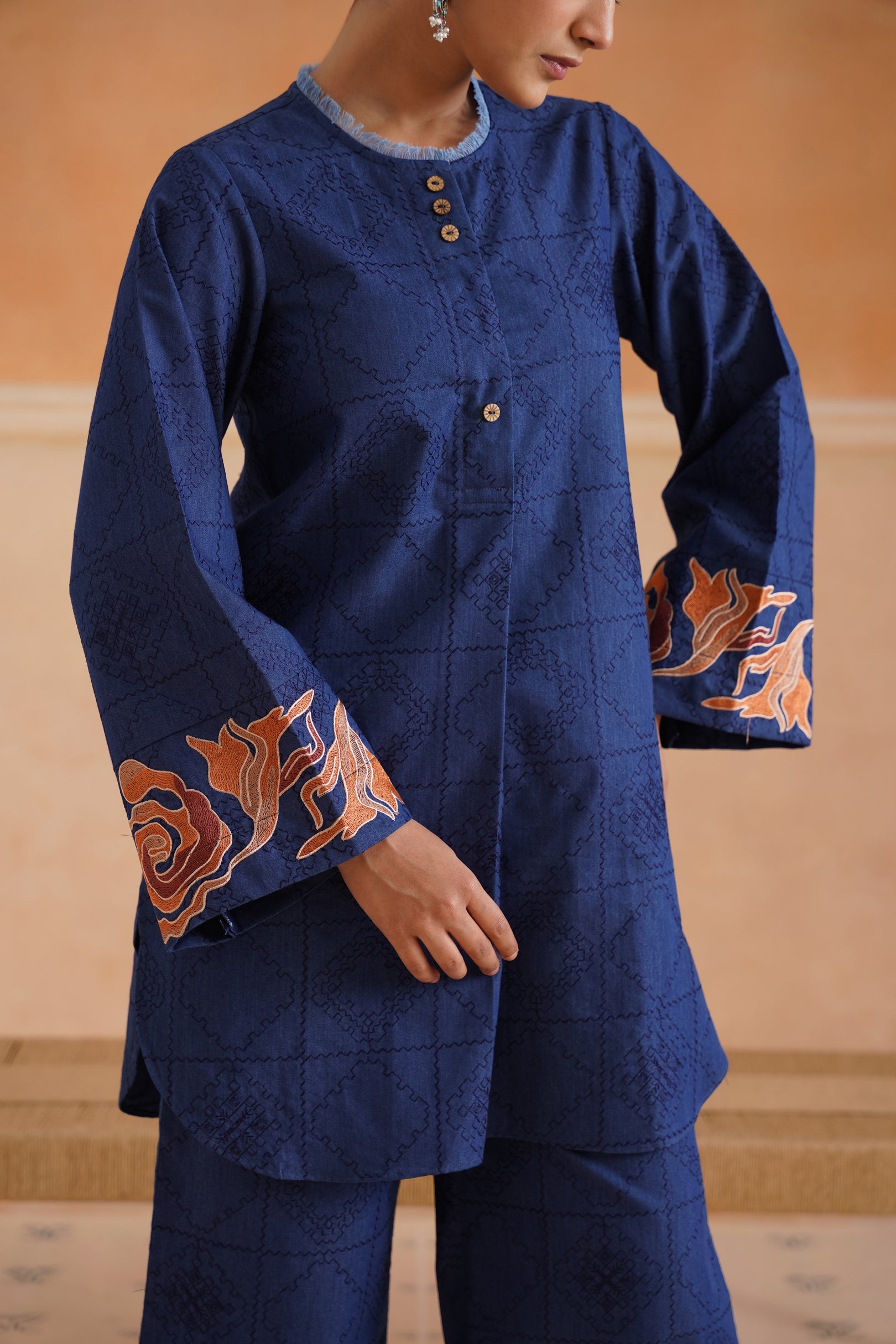 Sarah Cotton Denim Embroidered Matching Set With Barrel Pants - Neetika Chopra