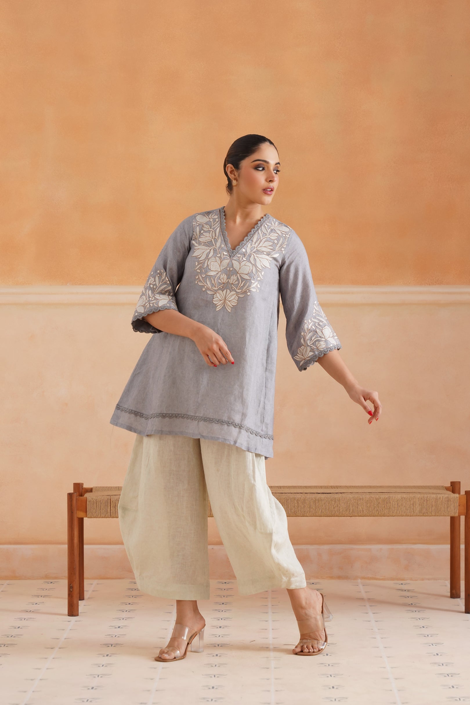 Faye Pure Linen Embroidered Matching Set - Neetika Chopra