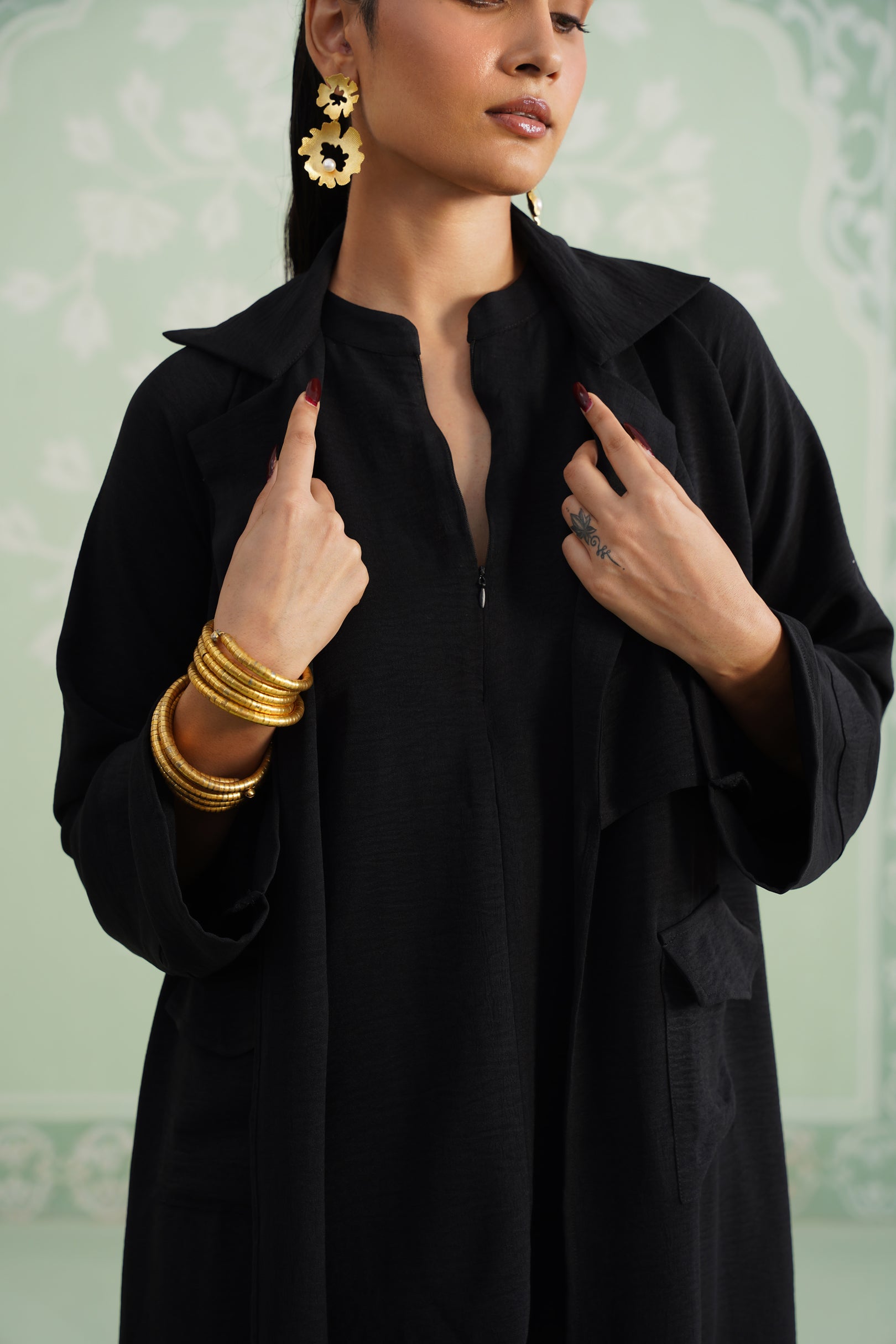 Black Suzane Hammer Crepe Matching Set