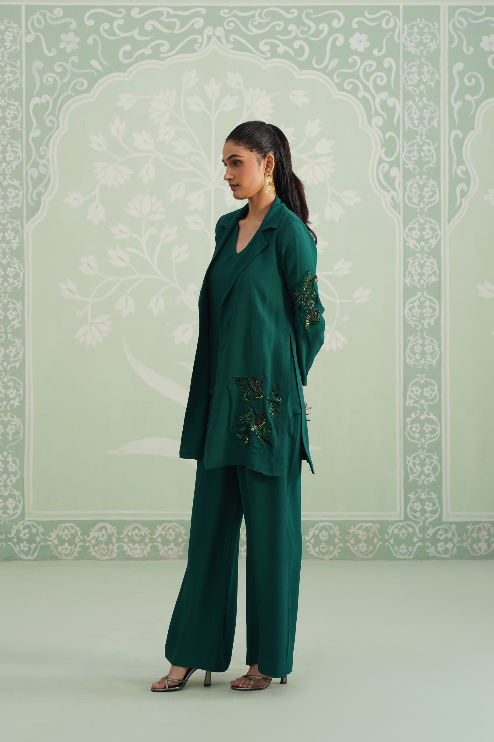 Pine Satin Crepe Embroidered Matching Set