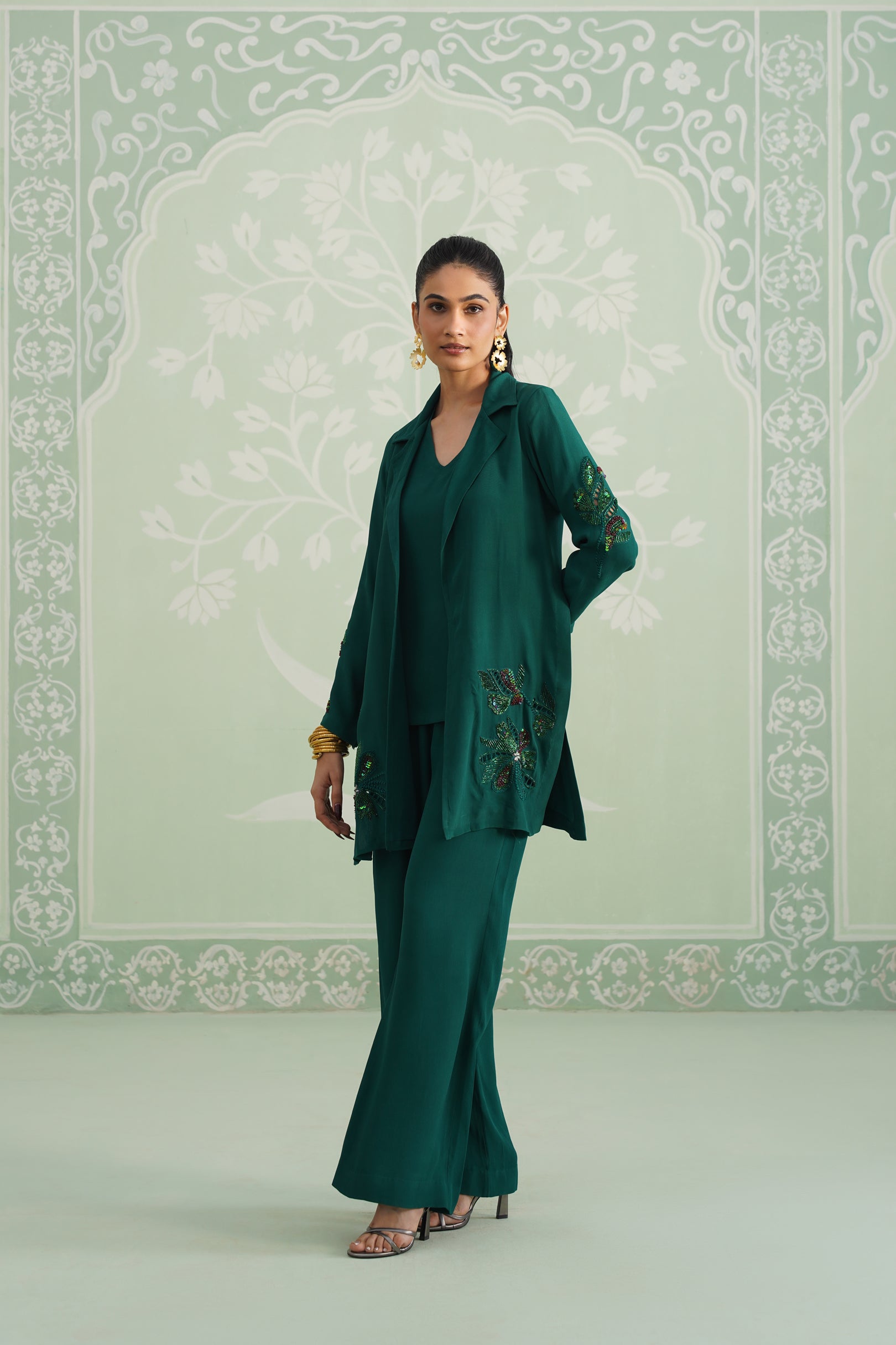 Pine Satin Crepe Embroidered Matching Set