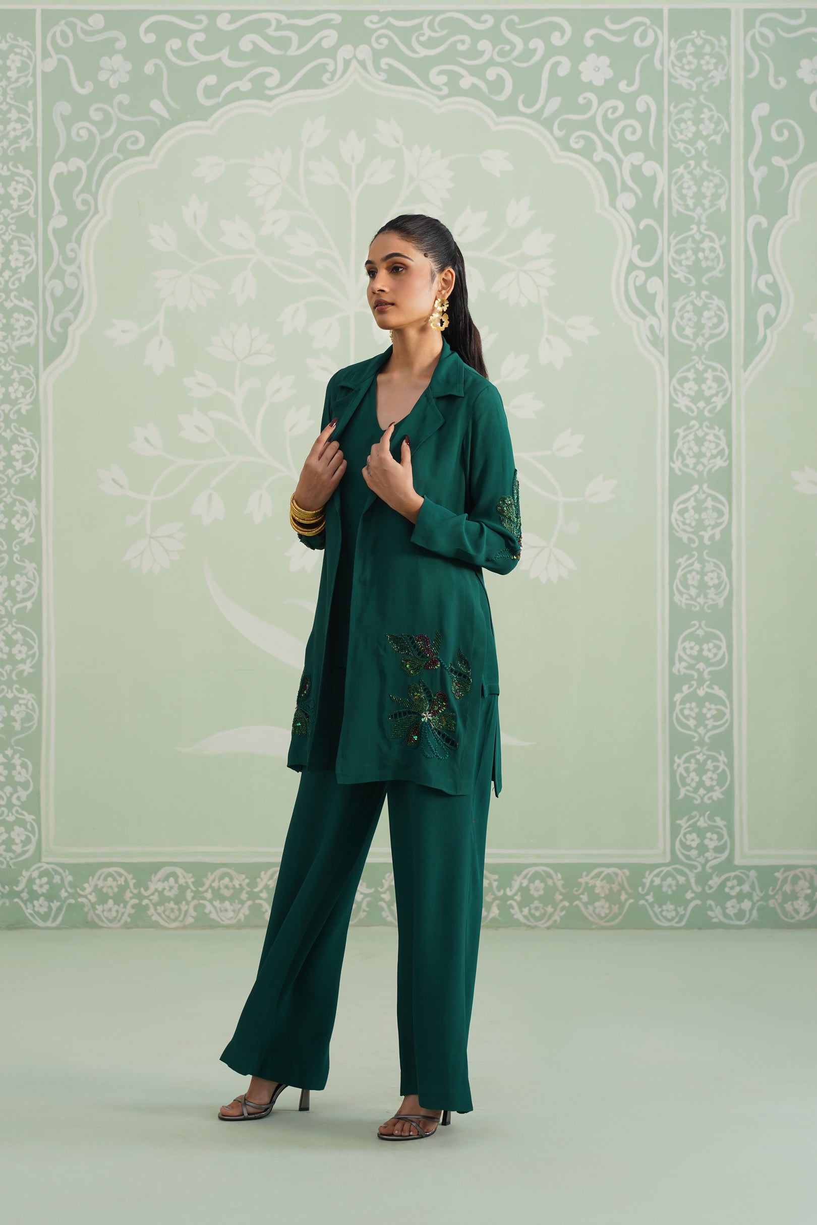 Pine Satin Crepe Embroidered Matching Set