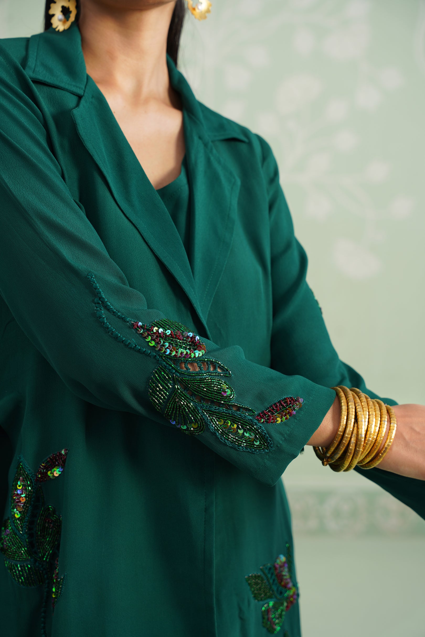 Pine Satin Crepe Embroidered Matching Set