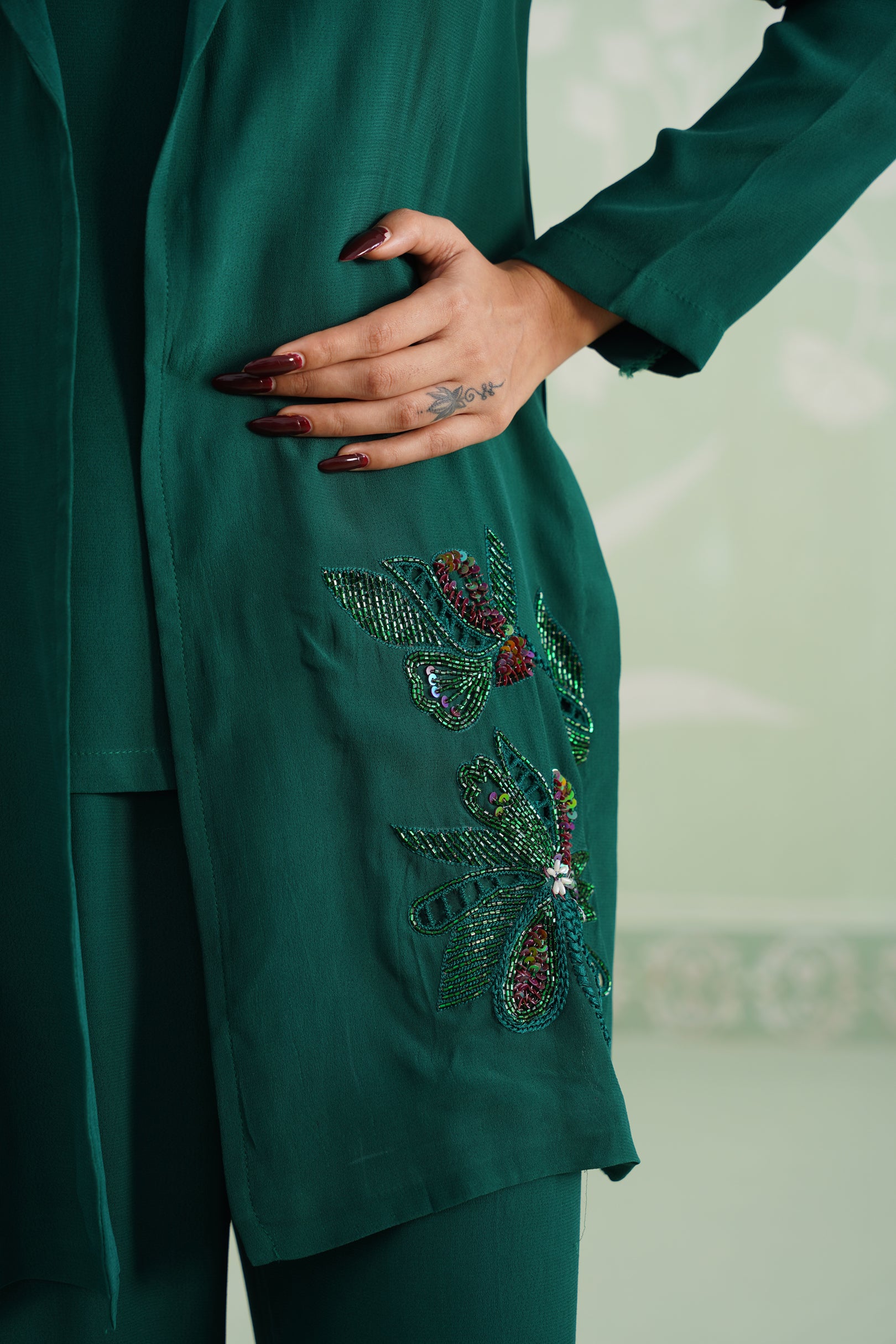 Pine Satin Crepe Embroidered Matching Set