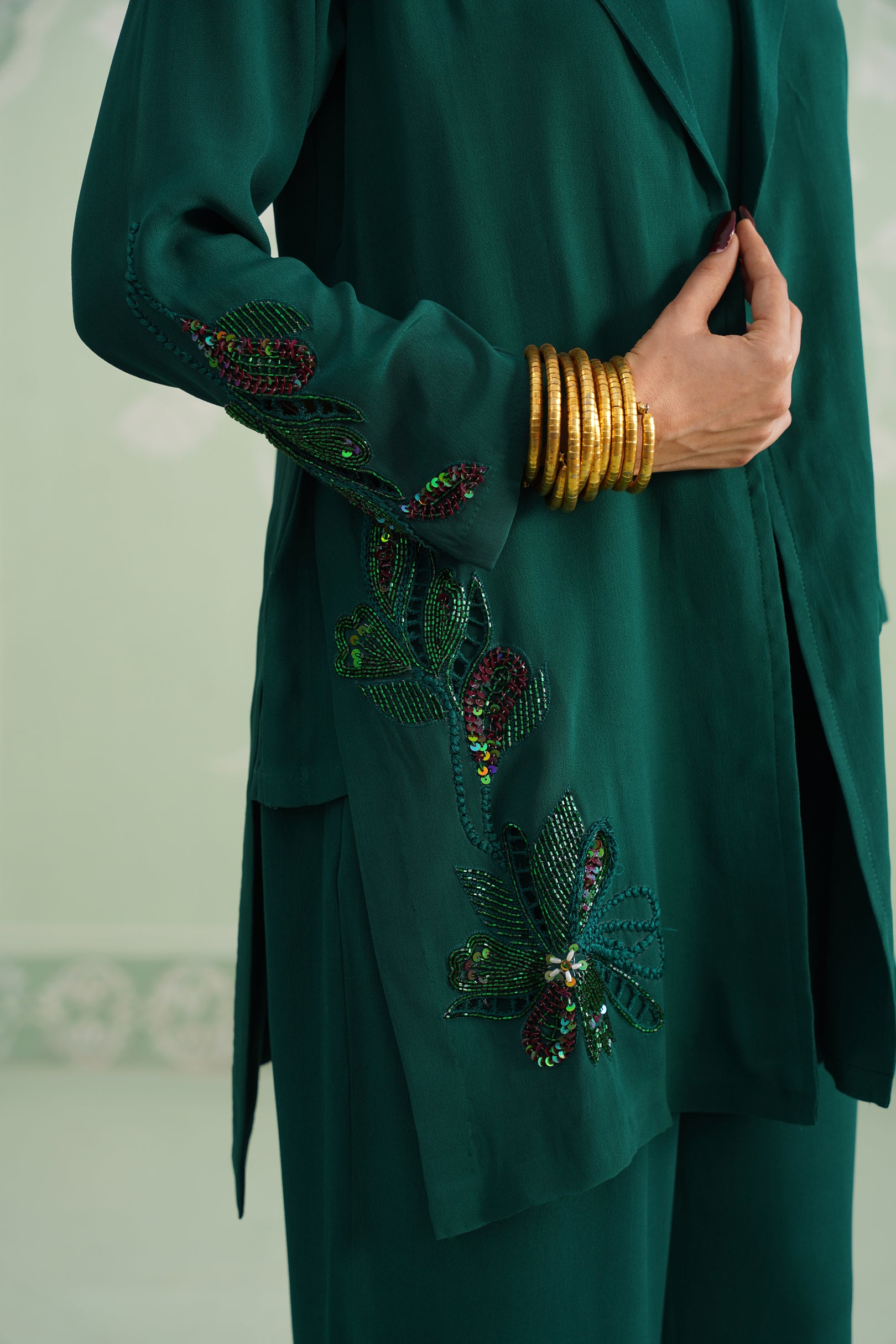 Pine Satin Crepe Embroidered Matching Set