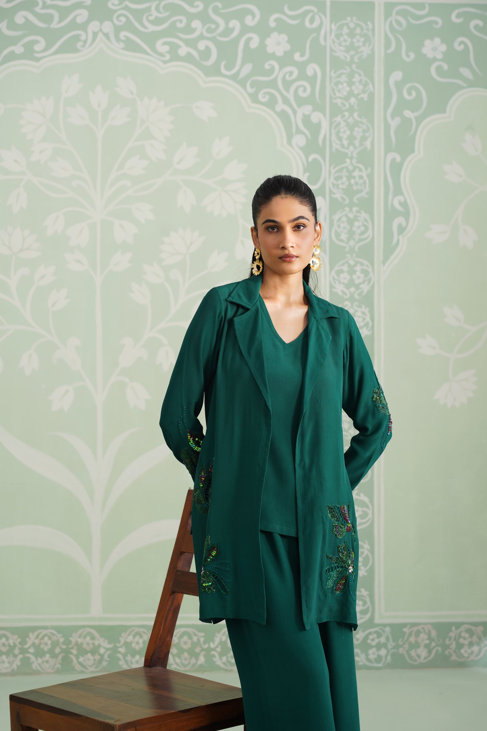 Pine Satin Crepe Embroidered Matching Set