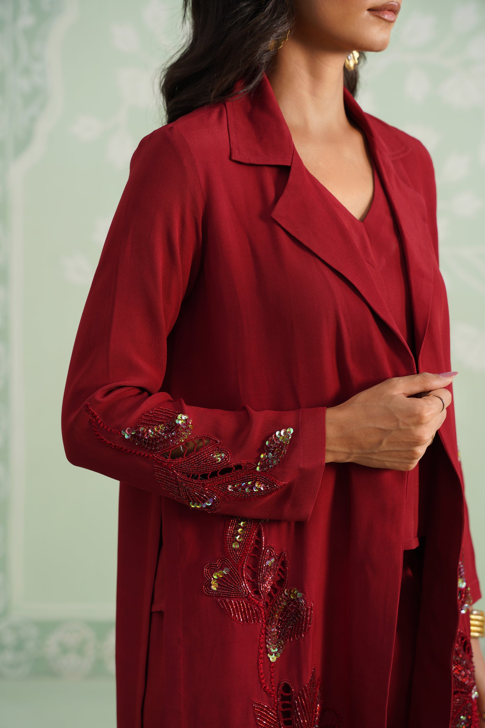 Sangria Satin Crepe Embroidered Matching Set
