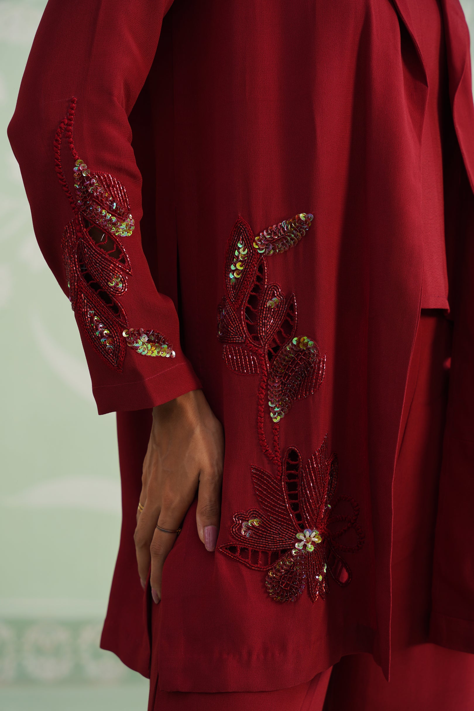 Sangria Satin Crepe Embroidered Matching Set