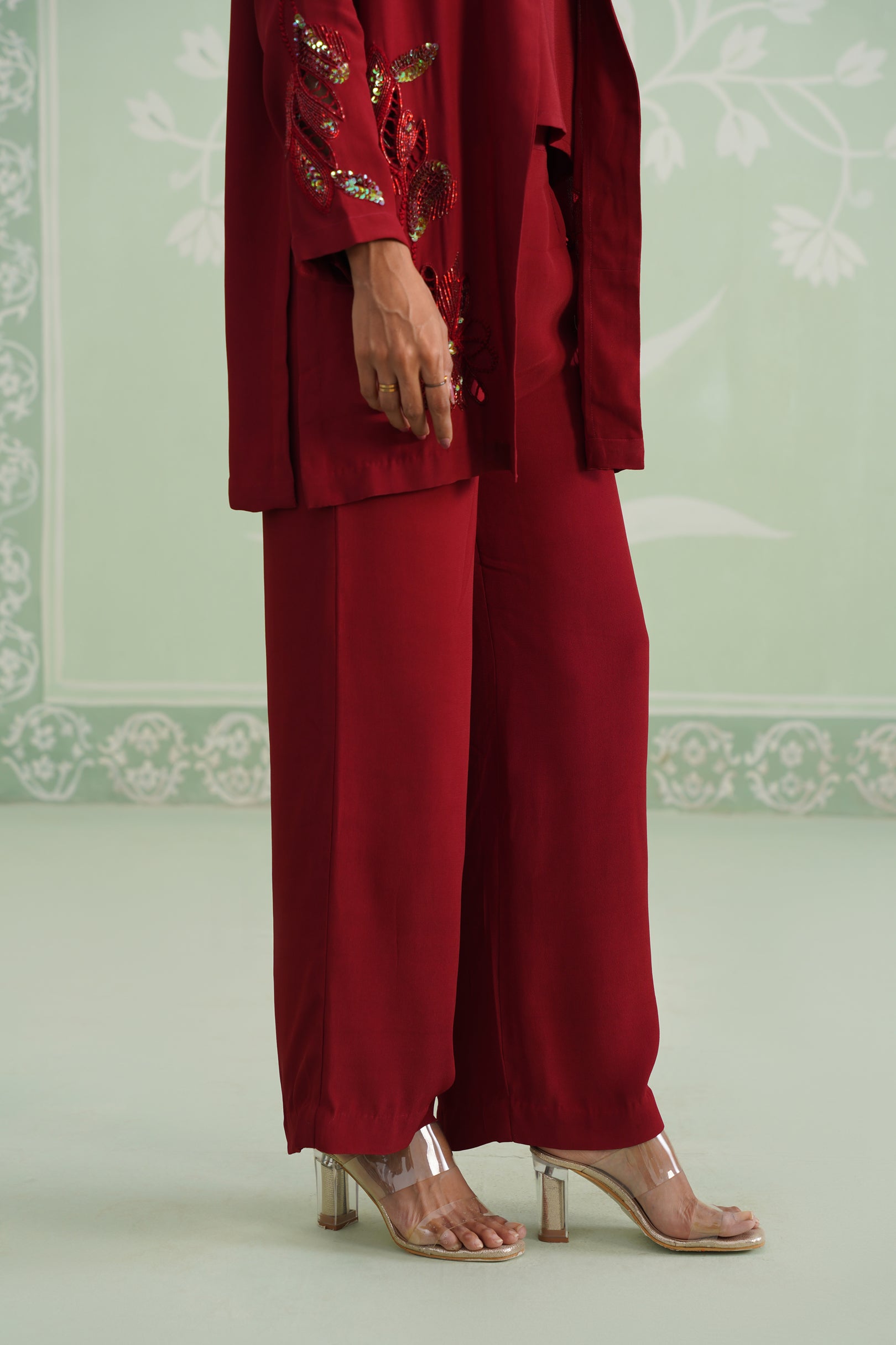 Sangria Satin Crepe Embroidered Matching Set