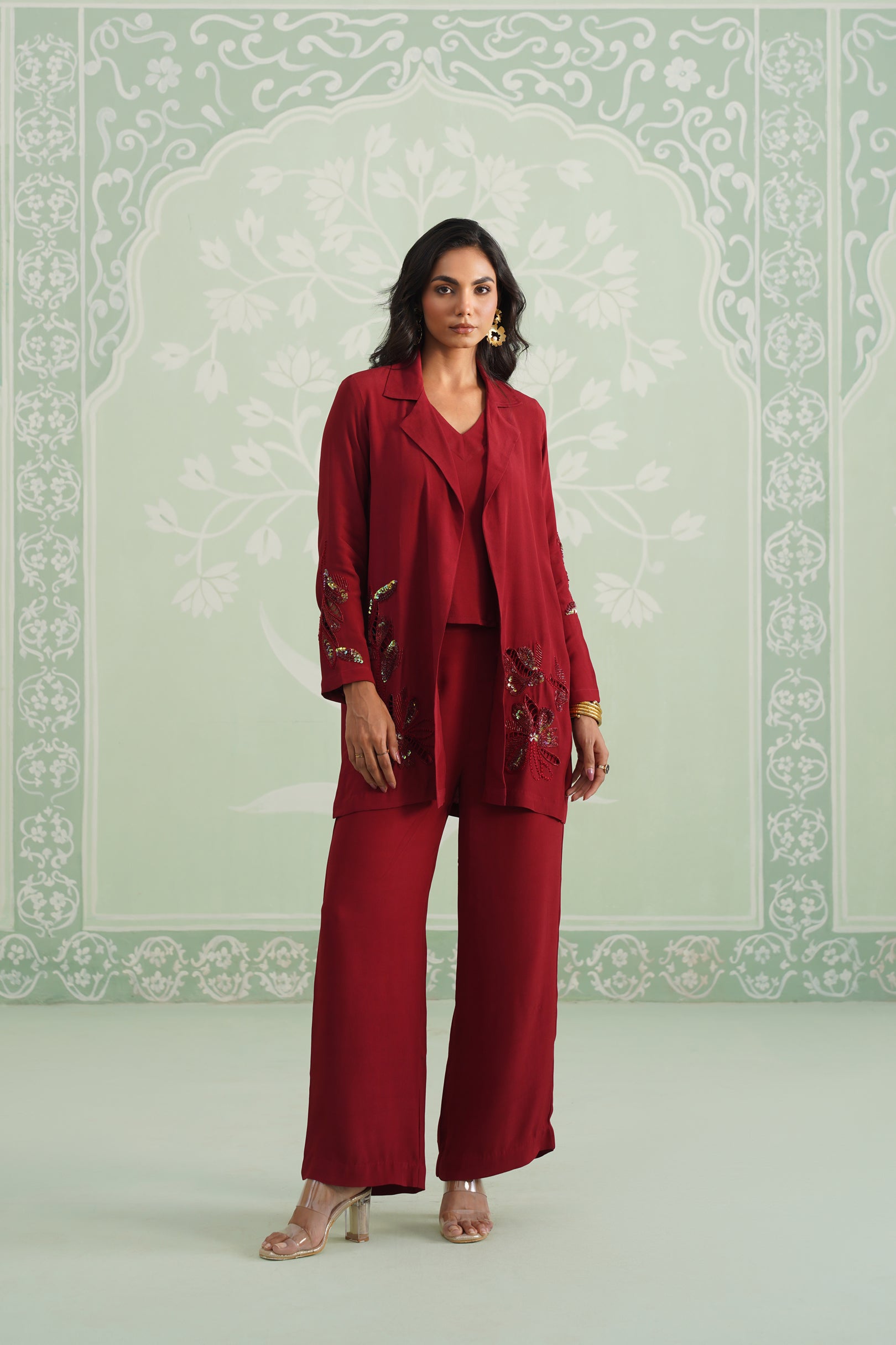 Sangria Satin Crepe Embroidered Matching Set