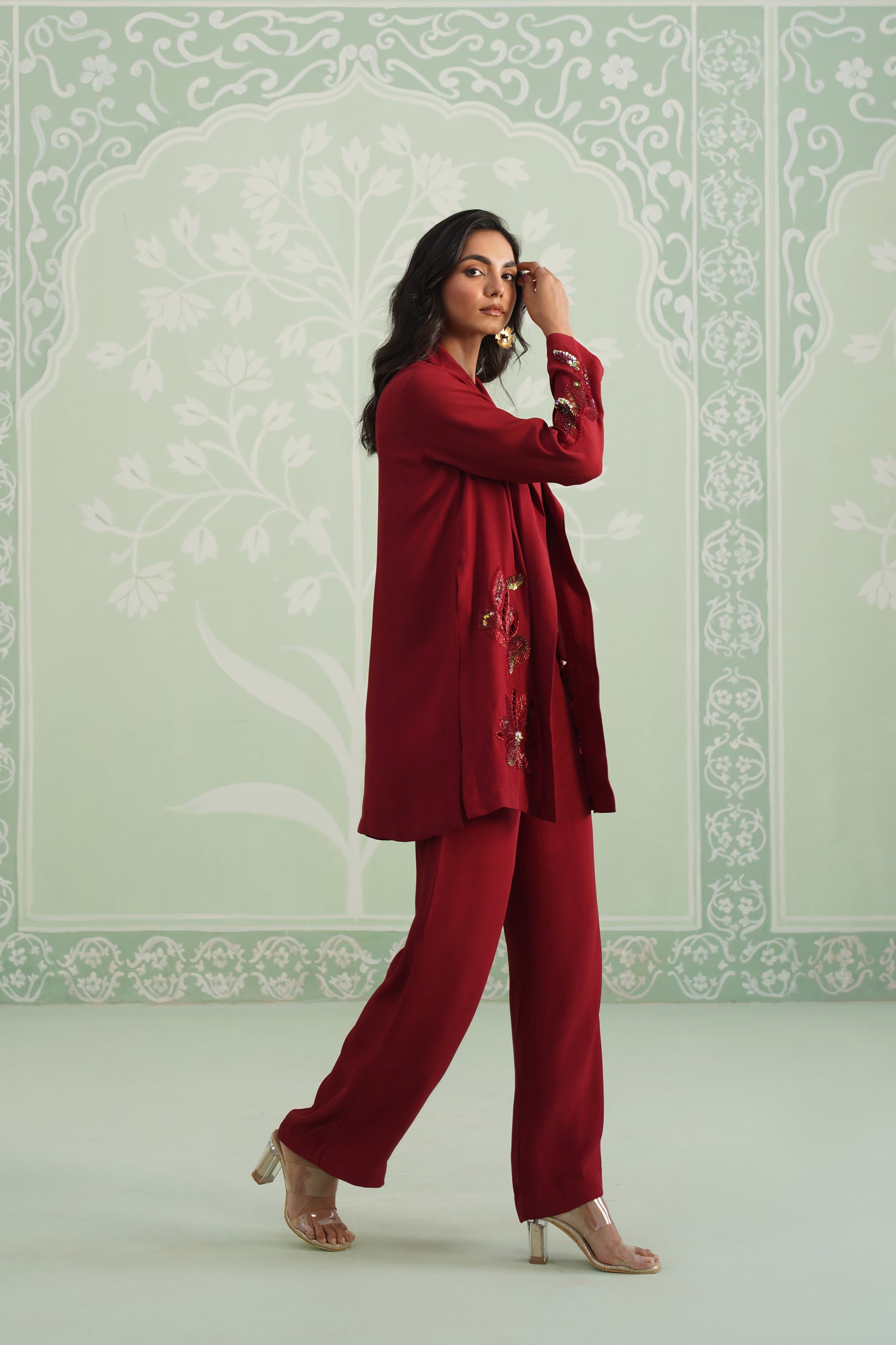 Sangria Satin Crepe Embroidered Matching Set