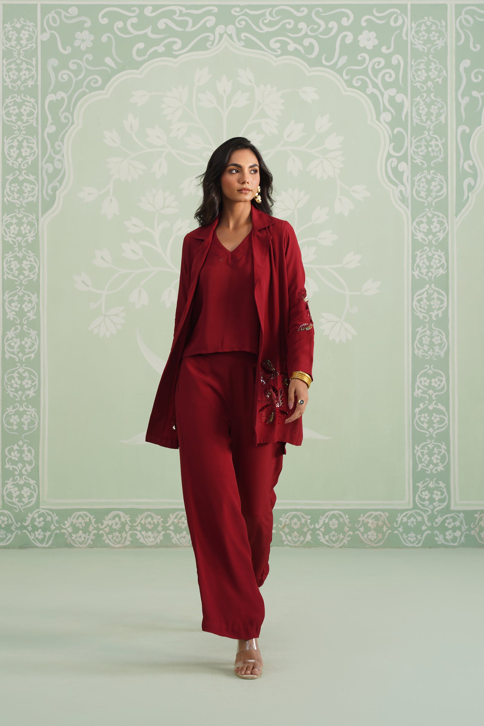 Sangria Satin Crepe Embroidered Matching Set