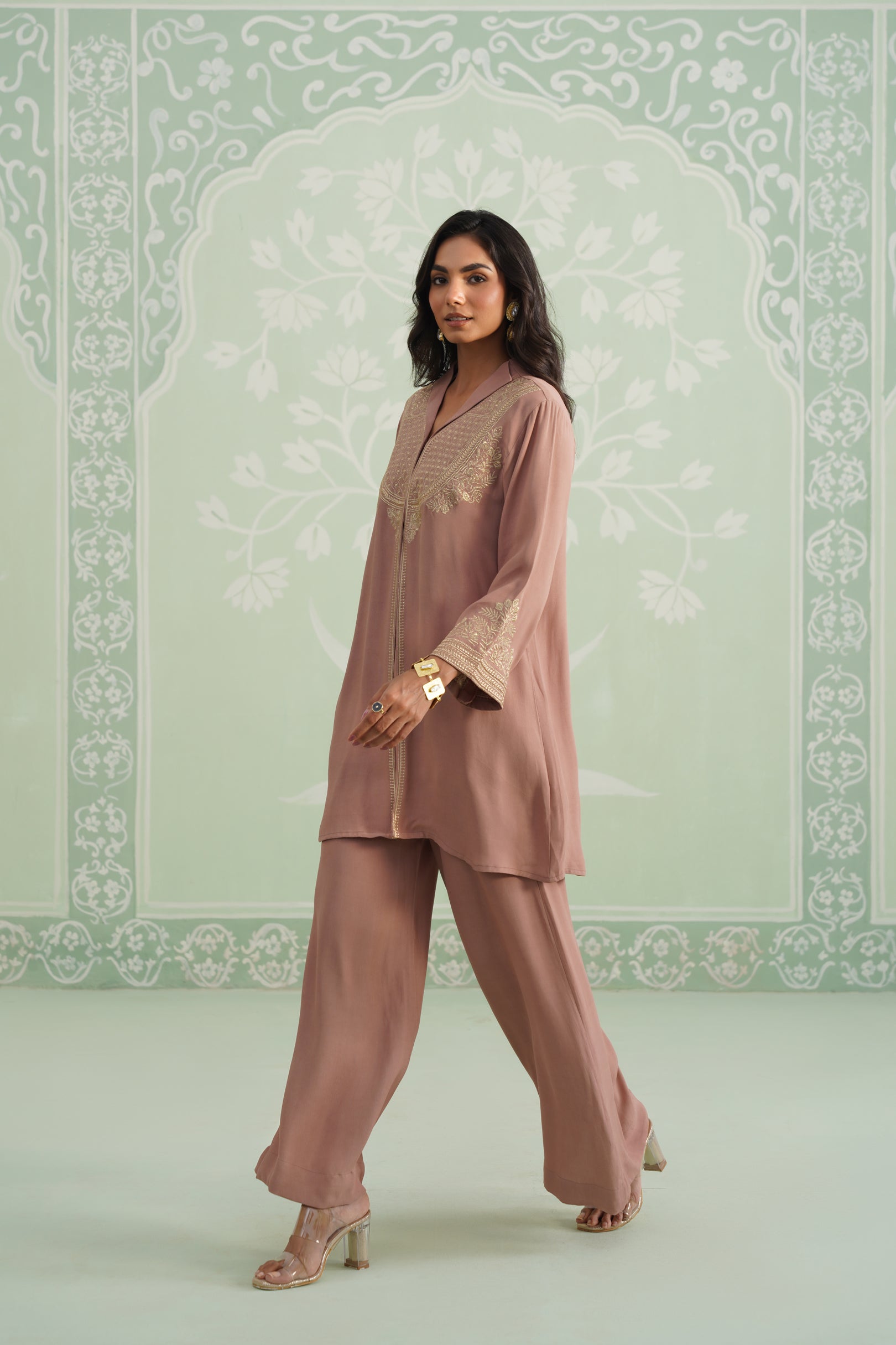 Blush Satin Crepe Embroidered Matching Set