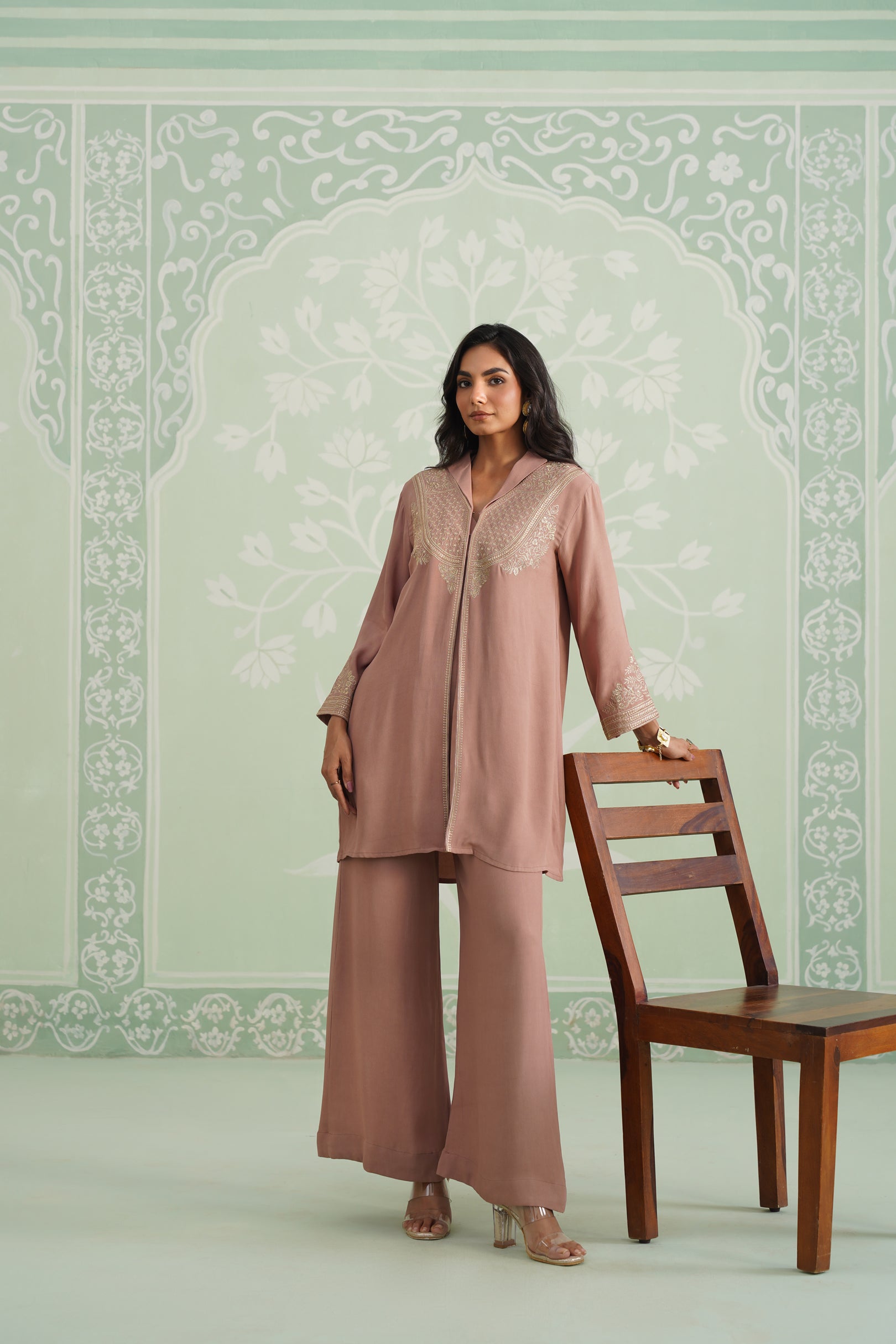 Blush Satin Crepe Embroidered Matching Set