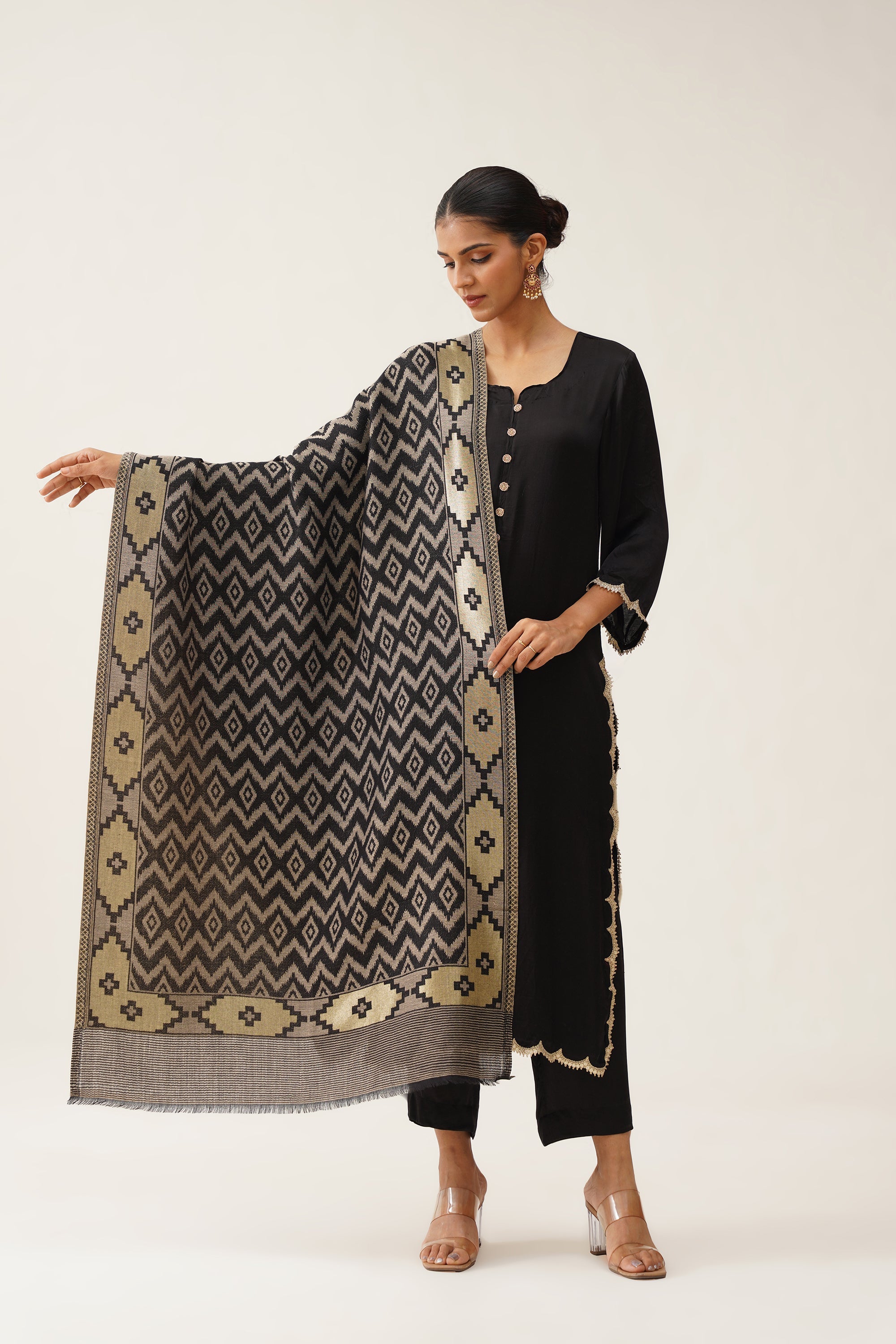 Black Ikat Woollen Shawl - Neetika Chopra
