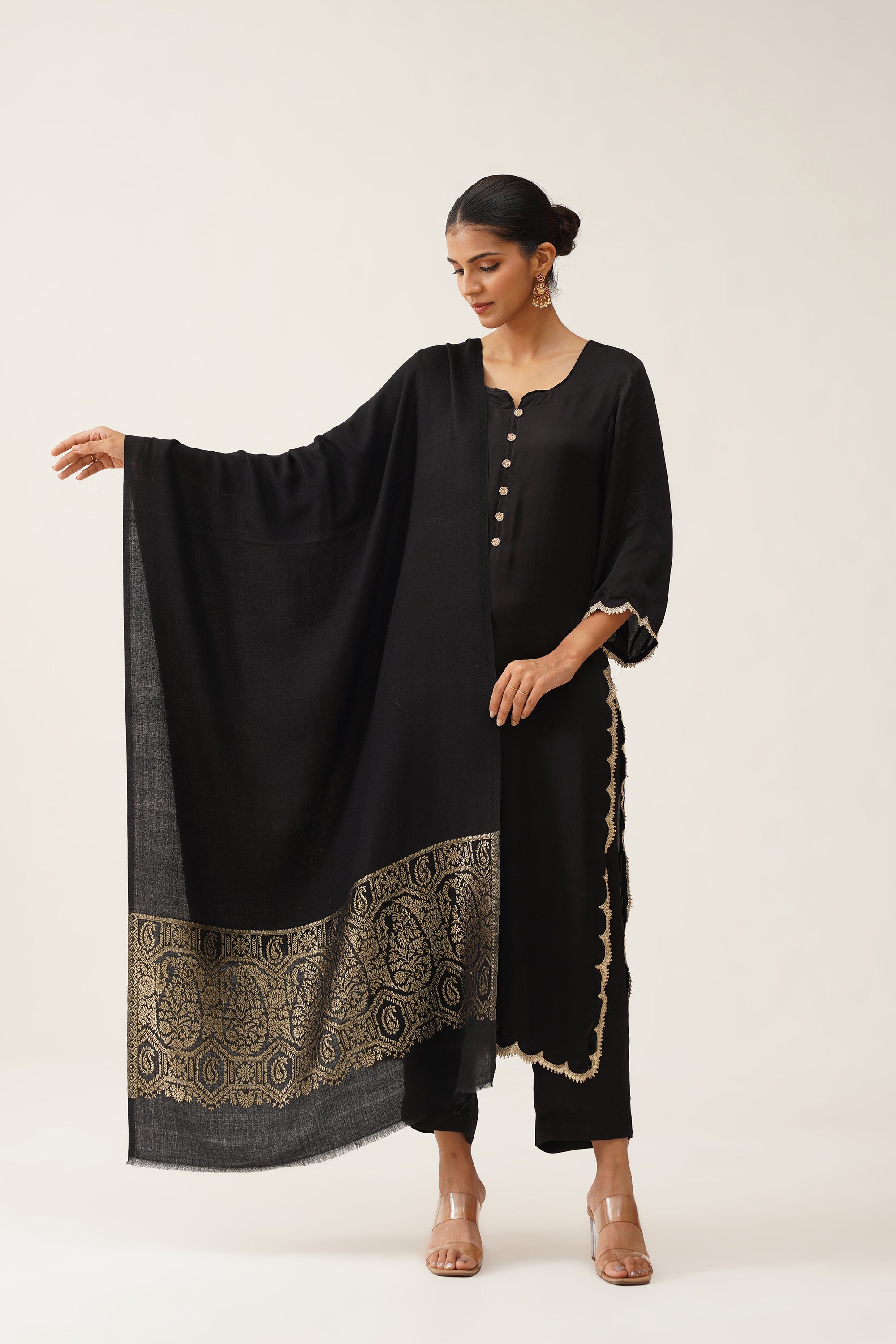 Black Woollen Shawl With Lurex - Neetika Chopra