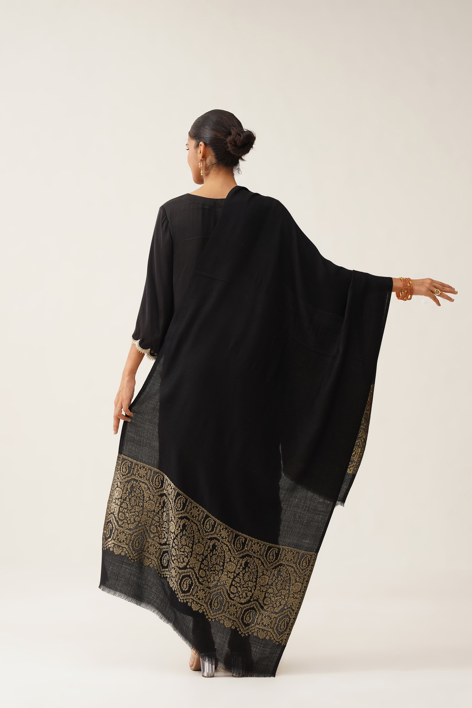 Black Woollen Shawl With Lurex - Neetika Chopra