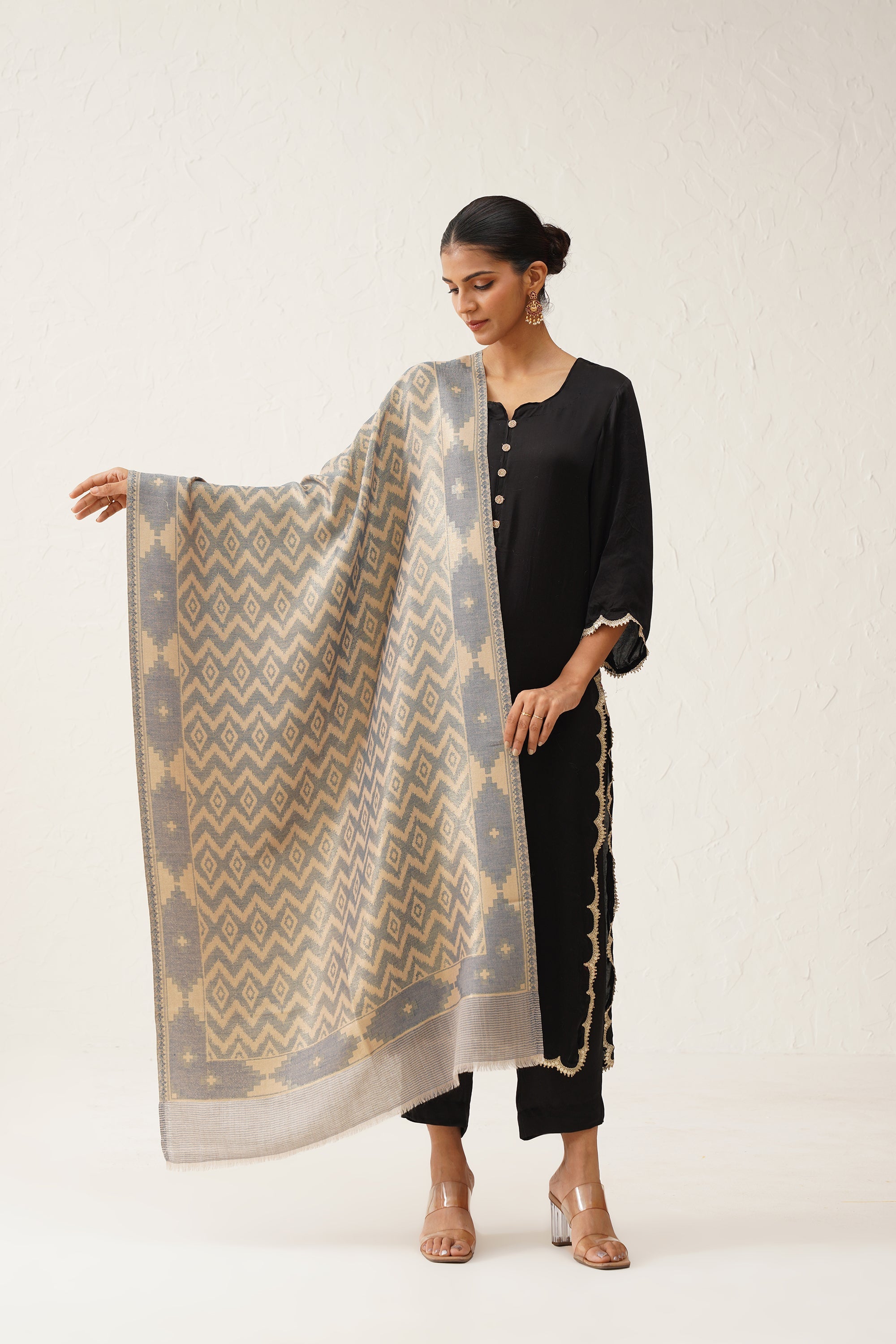 Ikat Grey Lurex Woollen Shawl - Neetika Chopra