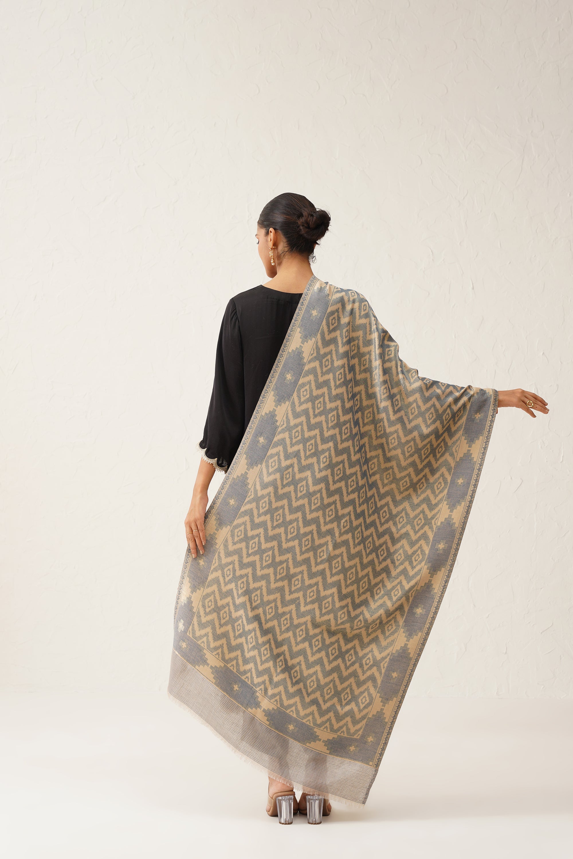 Ikat Grey Lurex Woollen Shawl - Neetika Chopra