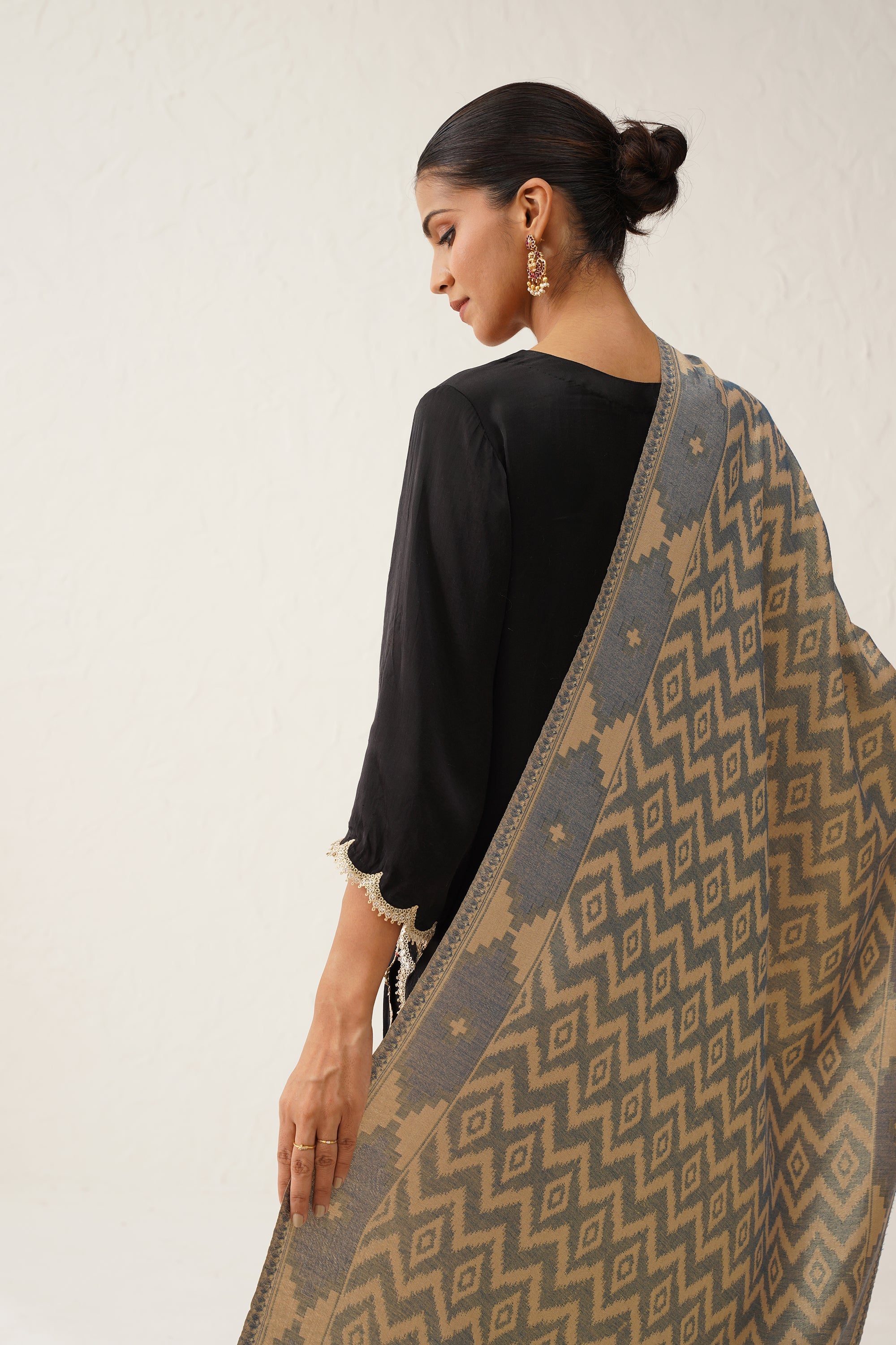 Ikat Grey Lurex Woollen Shawl - Neetika Chopra