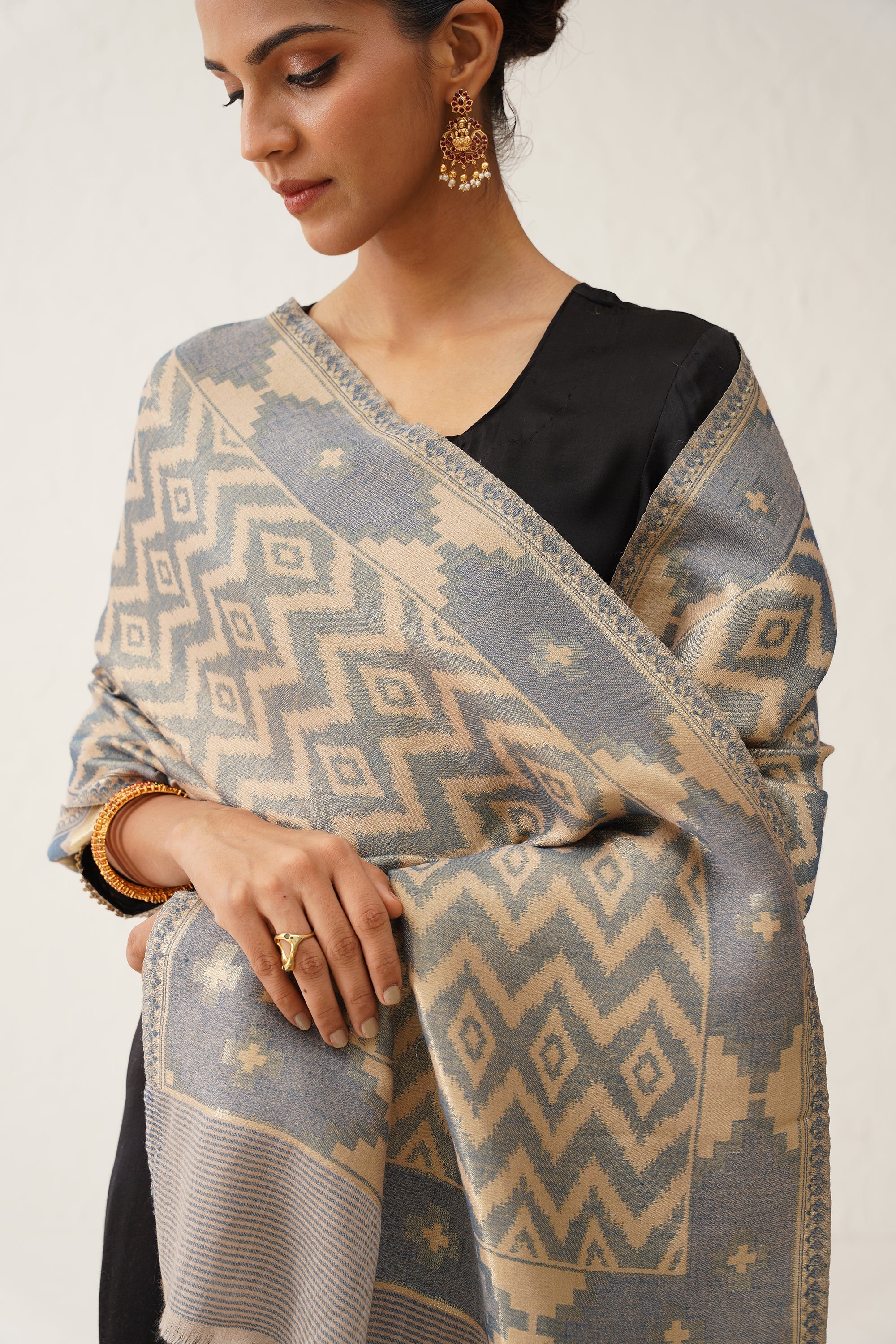 Ikat Grey Lurex Woollen Shawl - Neetika Chopra