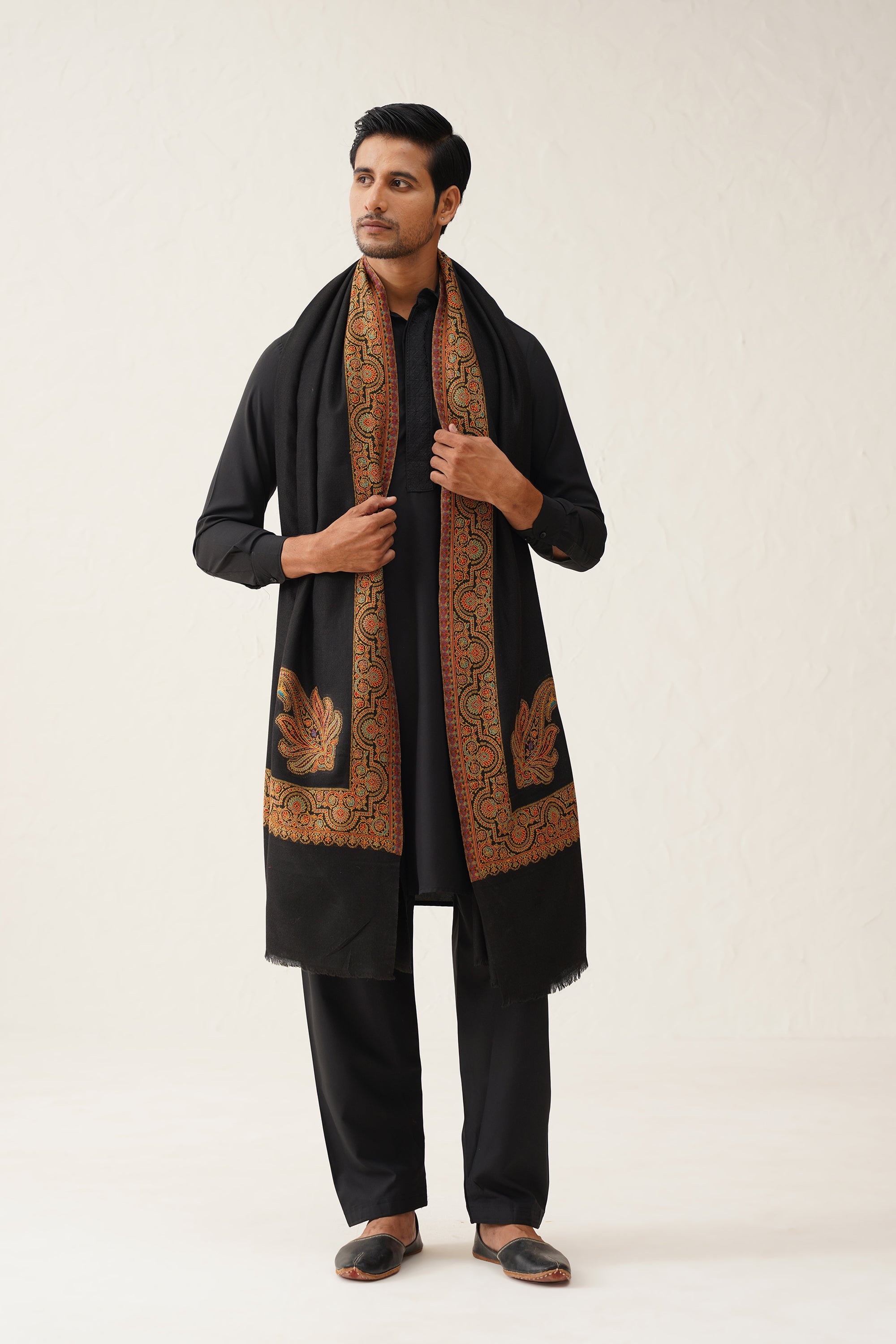 Men's Black Motif Wool Dusala - Neetika Chopra