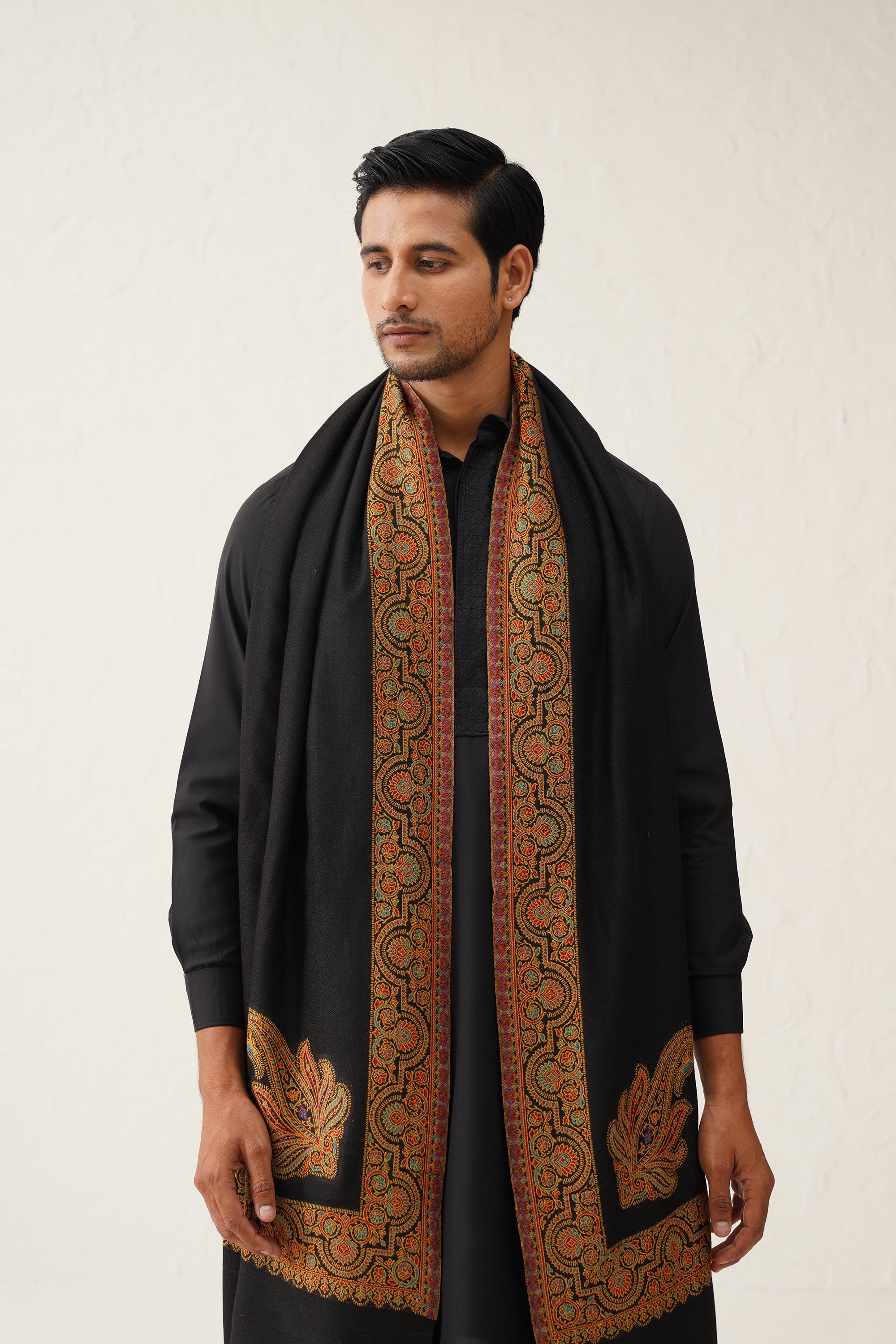 Men's Black Motif Wool Dusala - Neetika Chopra