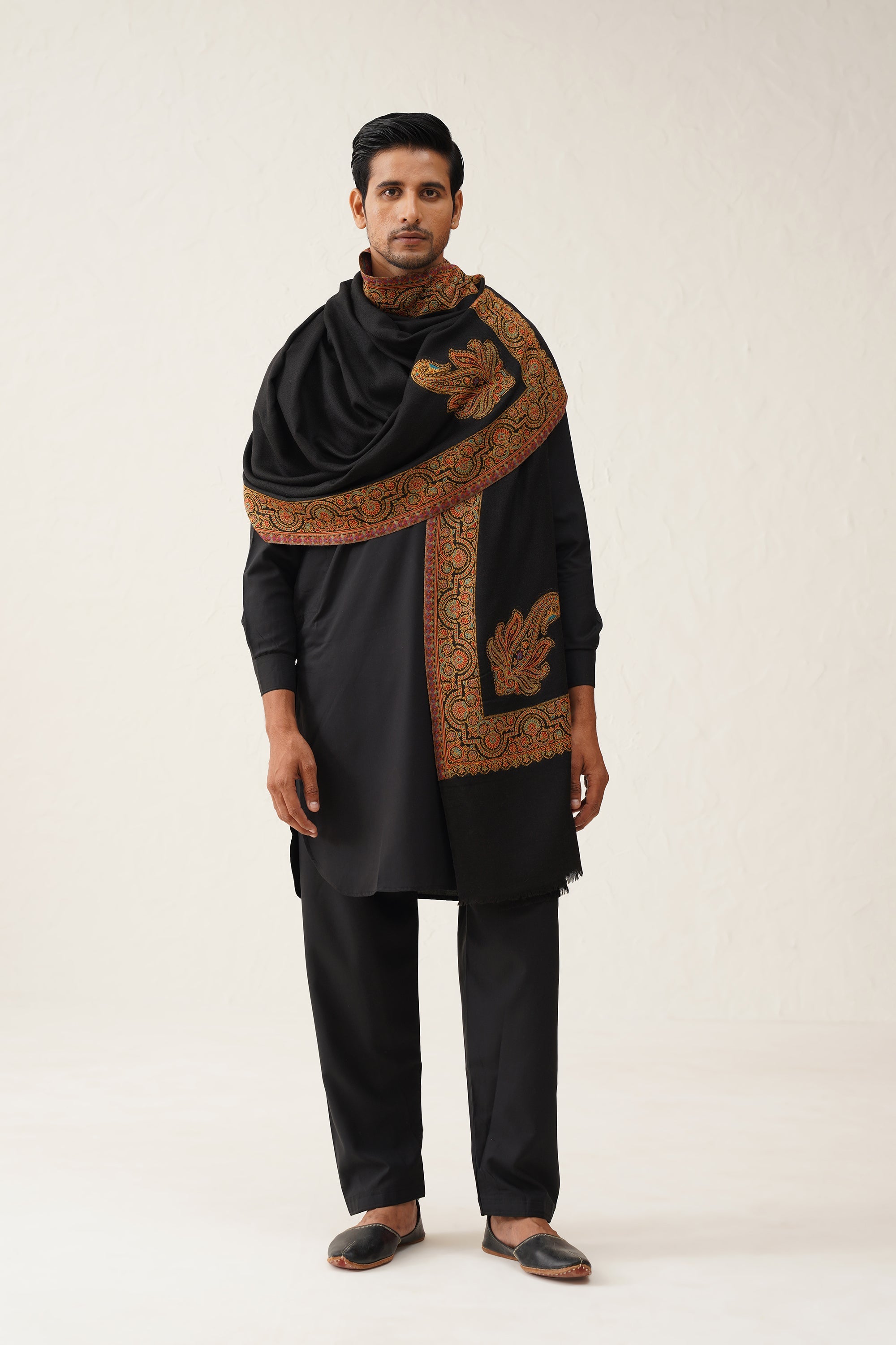 Men's Black Motif Wool Dusala - Neetika Chopra