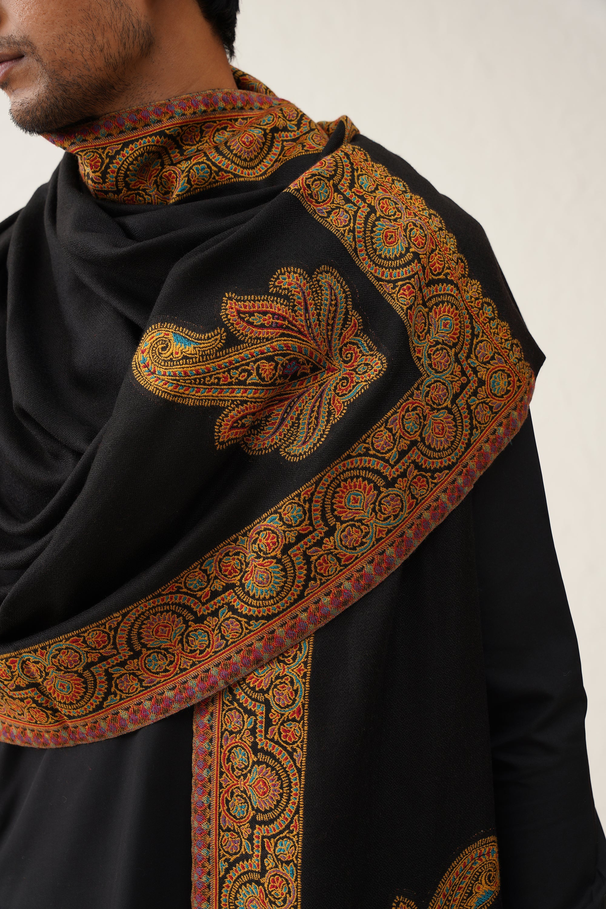 Men's Black Motif Wool Dusala - Neetika Chopra