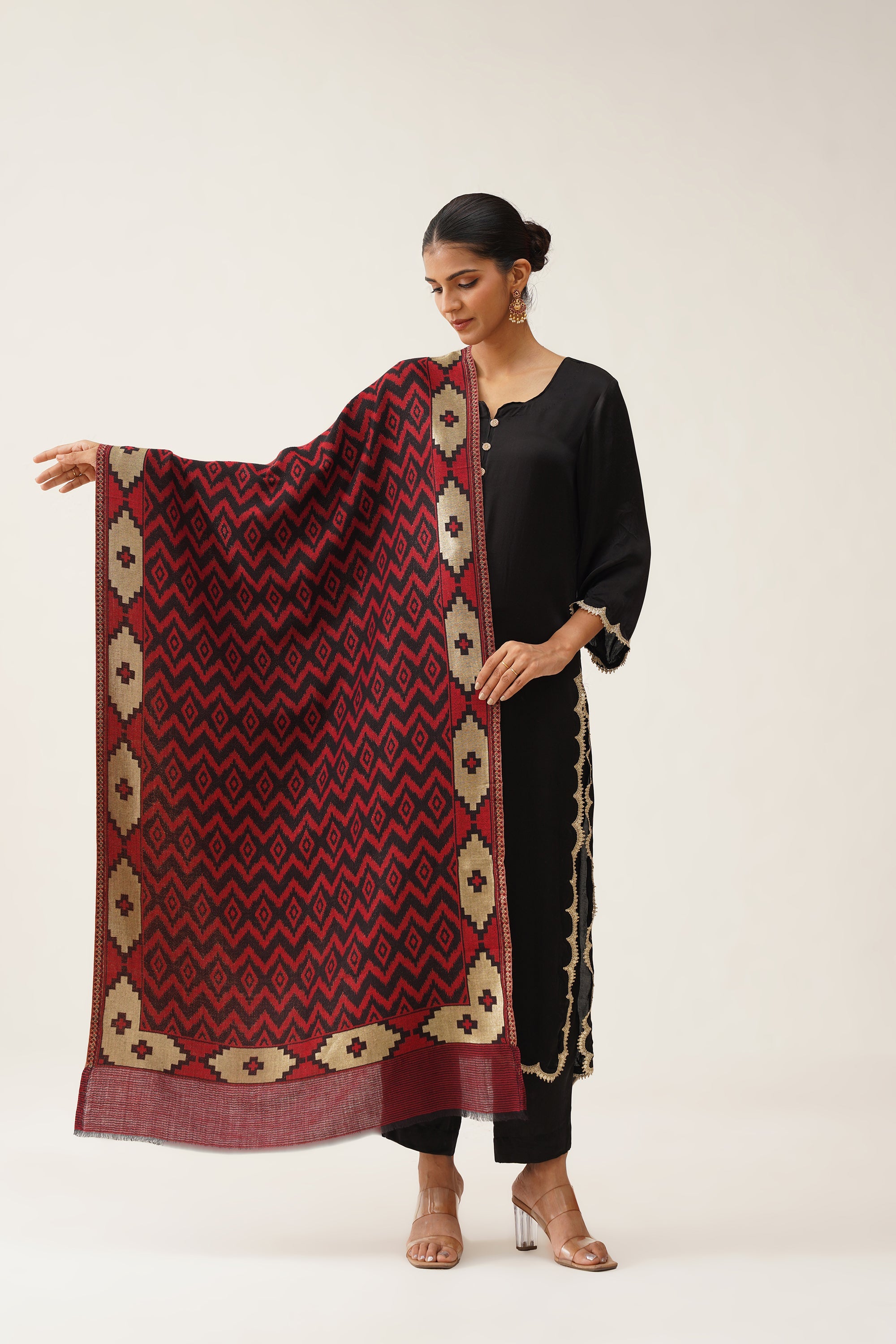 Red Ikat Woollen Shawl With Lurex - Neetika Chopra
