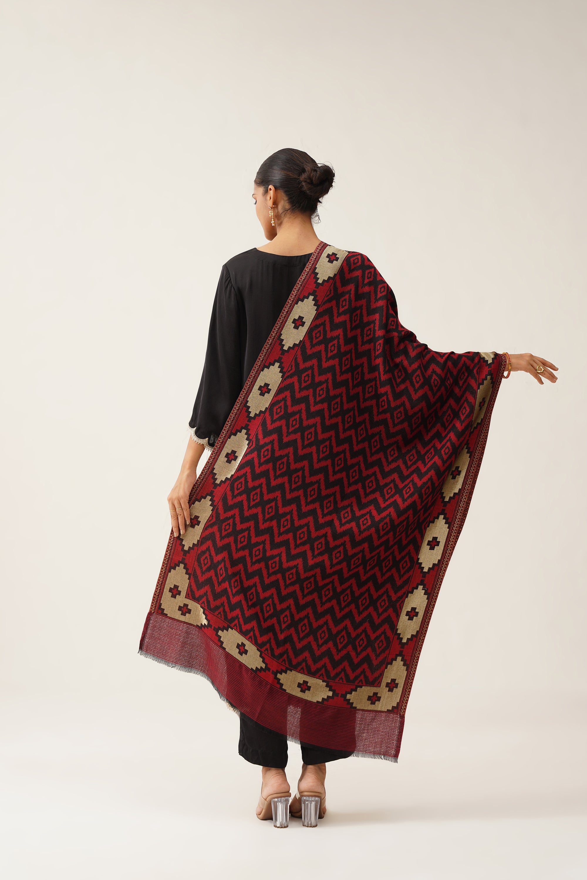 Red Ikat Woollen Shawl With Lurex - Neetika Chopra