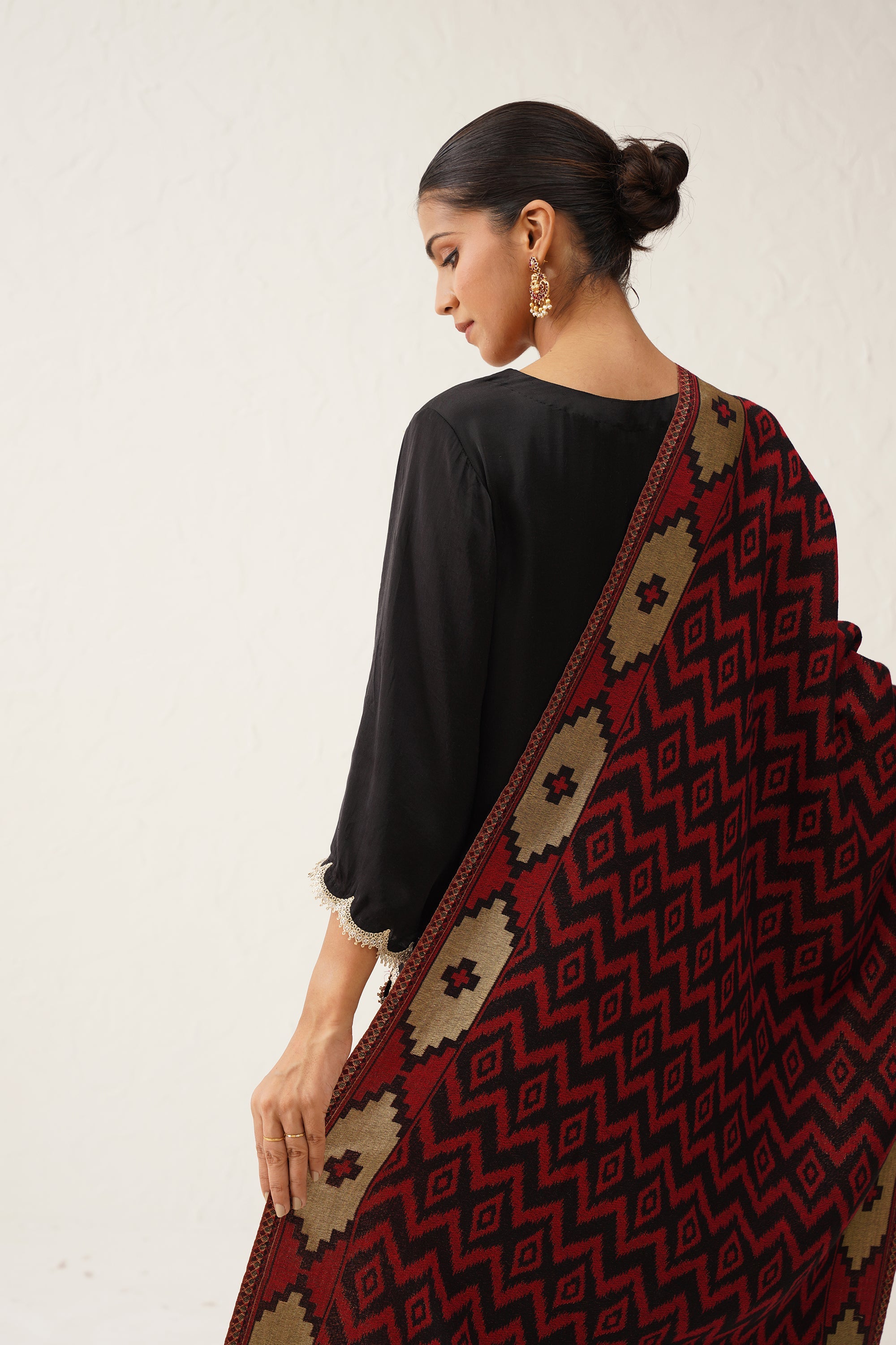Red Ikat Woollen Shawl With Lurex - Neetika Chopra